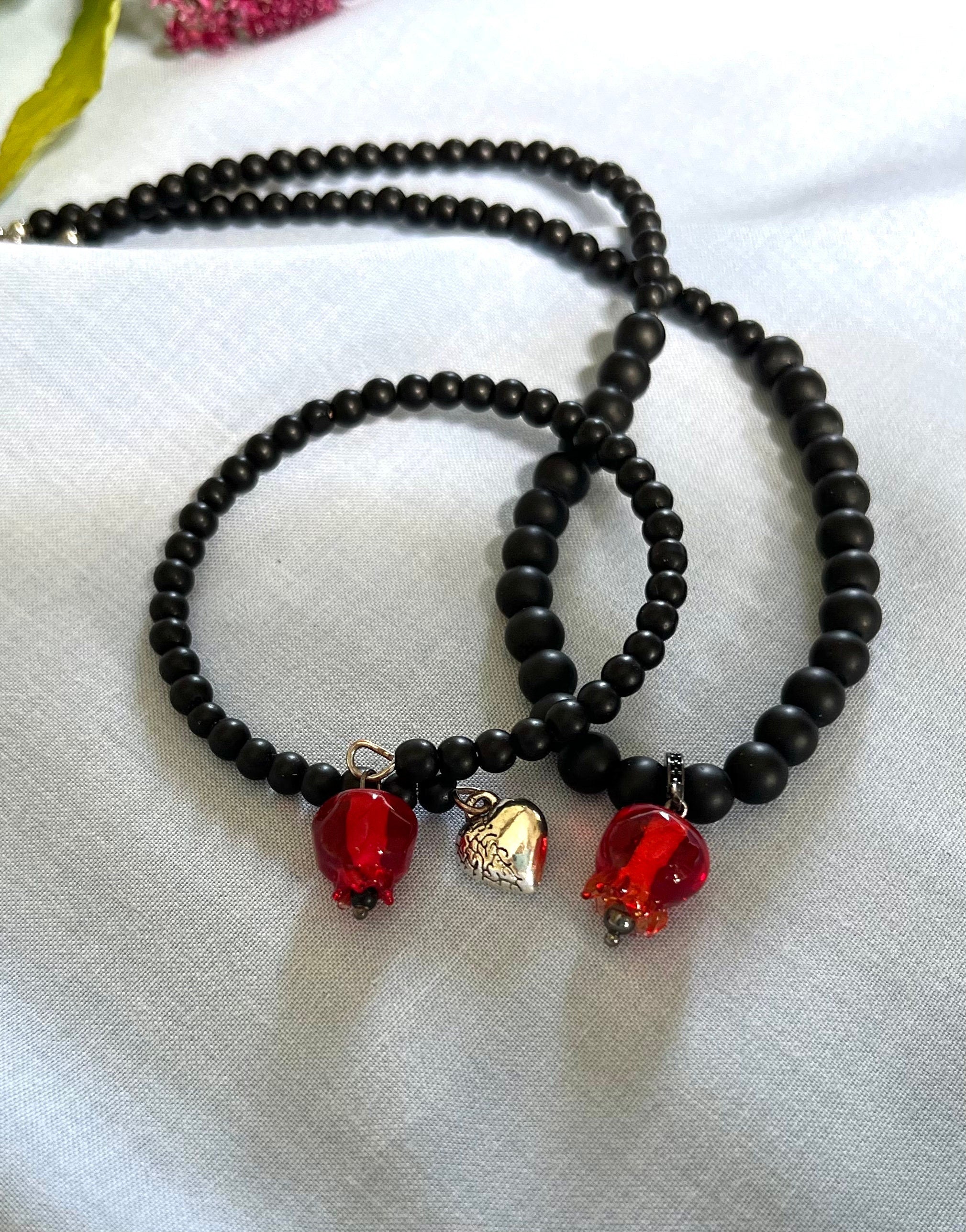 Unique natural Shungite and hand crafted glass Pomegranate charms jewellery set of a choker necklace and a memory wire bracelet for a woman