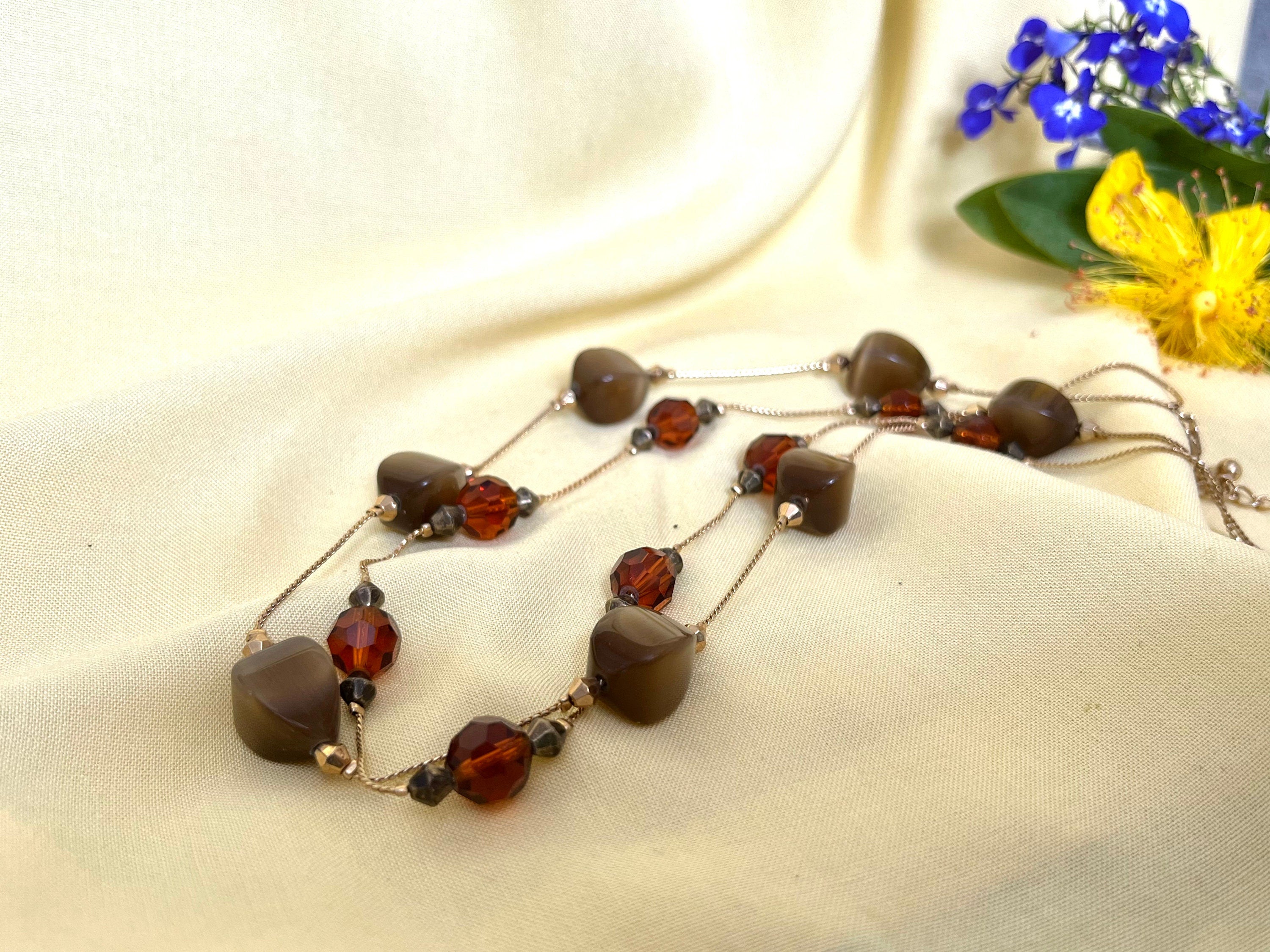 Tiger eye and brown glass various beads on a gold metal thin chain 2 strands choker vintage necklace for a woman. Gift for her.