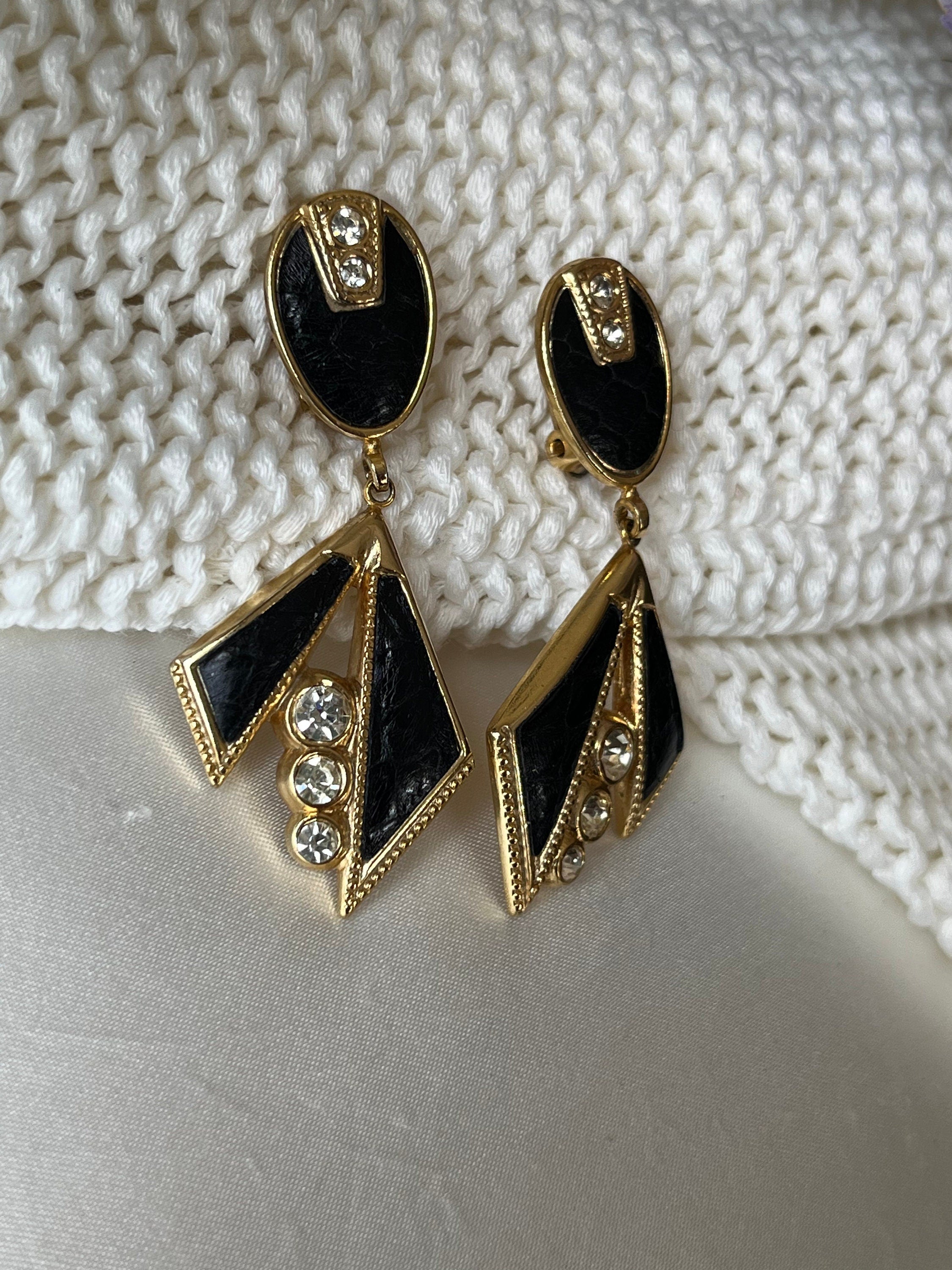 Art Deco style Interesting pair of black enamel, gold tone metal and rhinestones clip on earrings. Vintage earrings for a lady. Gift for her