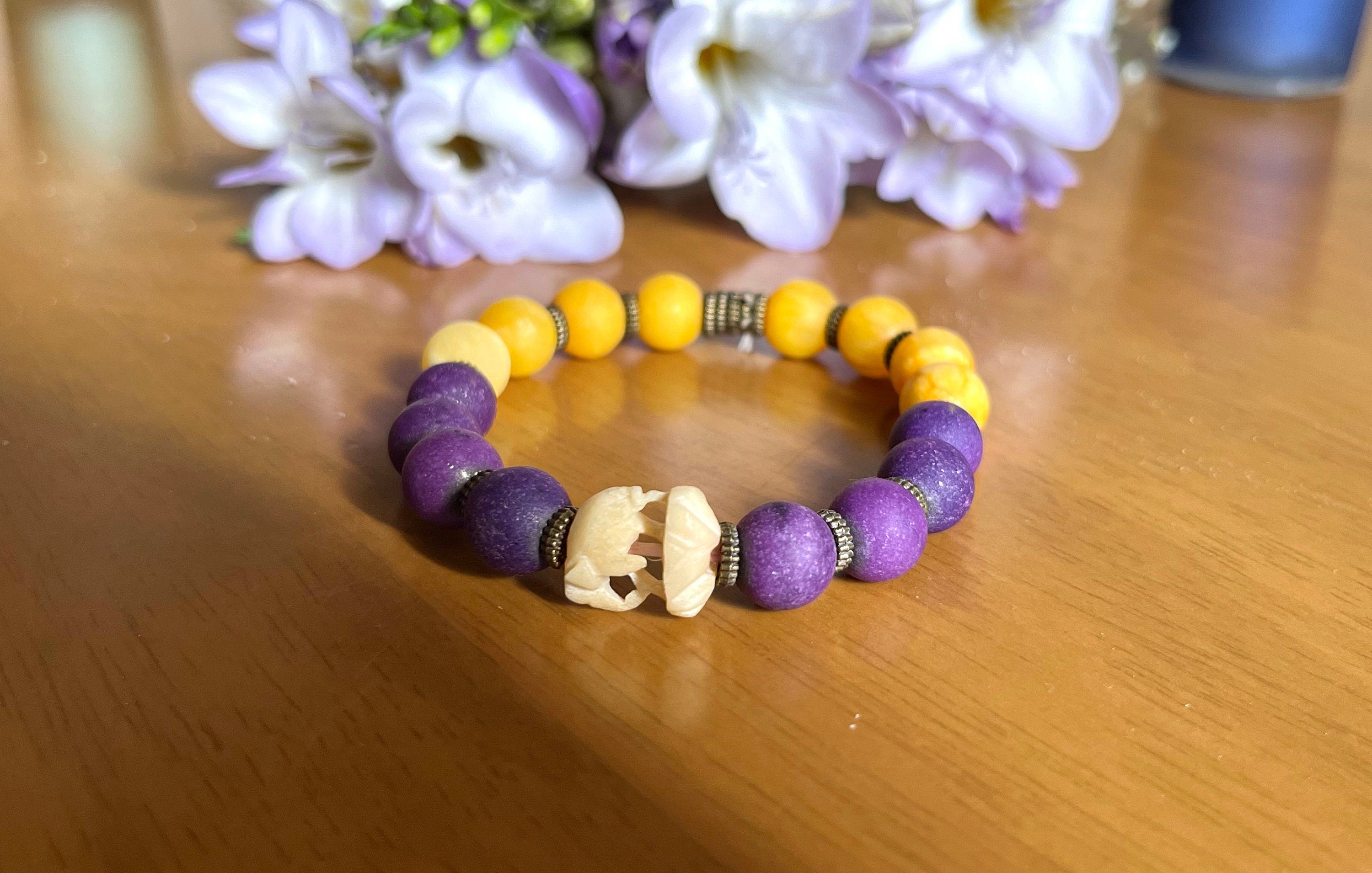 Unique purple and yellow natural Shungite and vintage Indian carved bone Elephant beads elasticated bracelet. Boho style gift unisex.