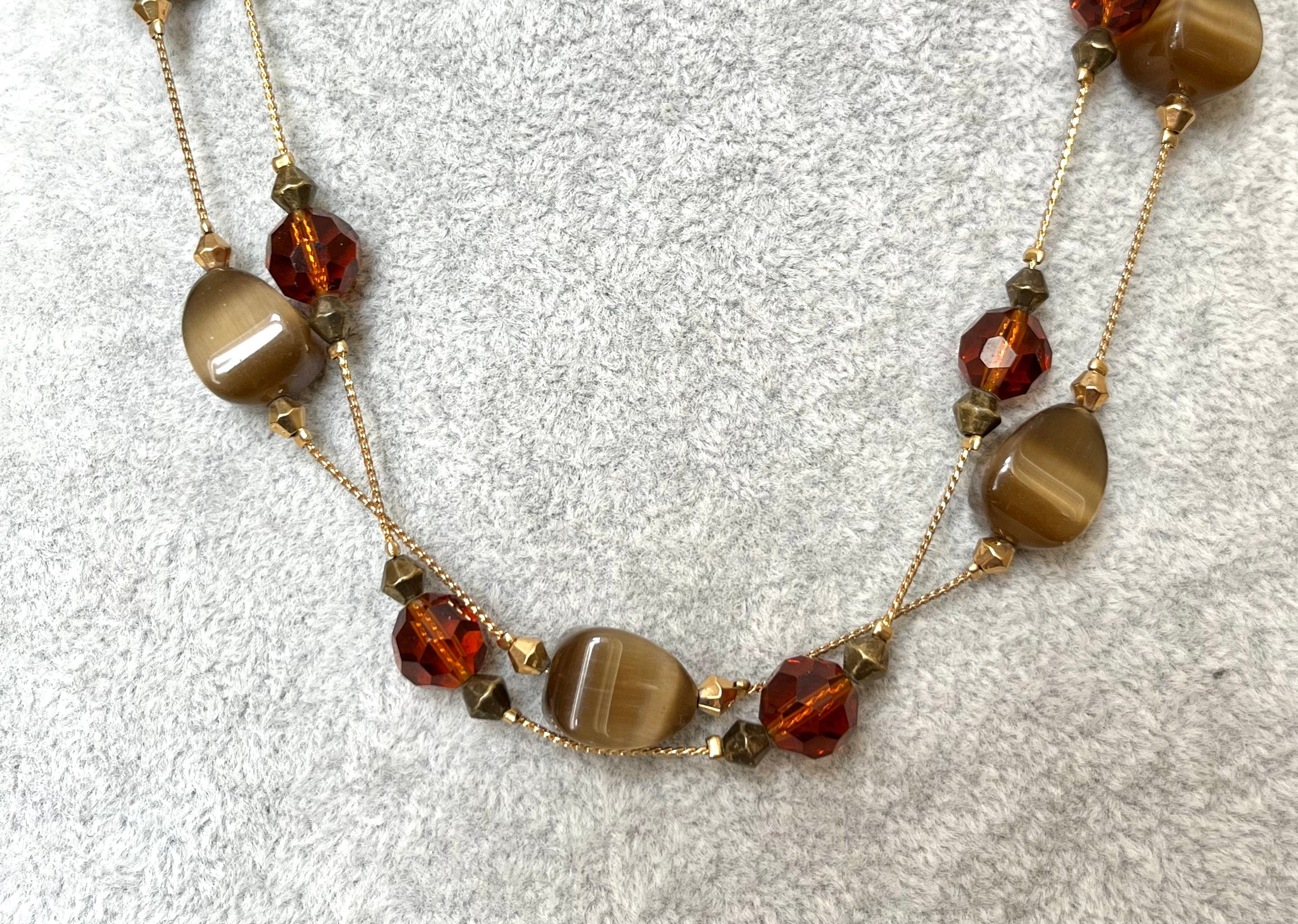 Tiger eye and brown glass various beads on a gold metal thin chain 2 strands choker vintage necklace for a woman. Gift for her.