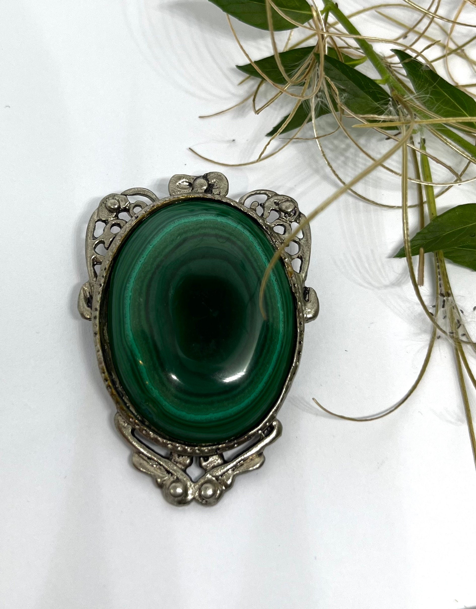 Stunning Victorian style natural large oval Malachite cabochon on a silver tone tray vintage brooch. Unique gift for her. Gift unisex.