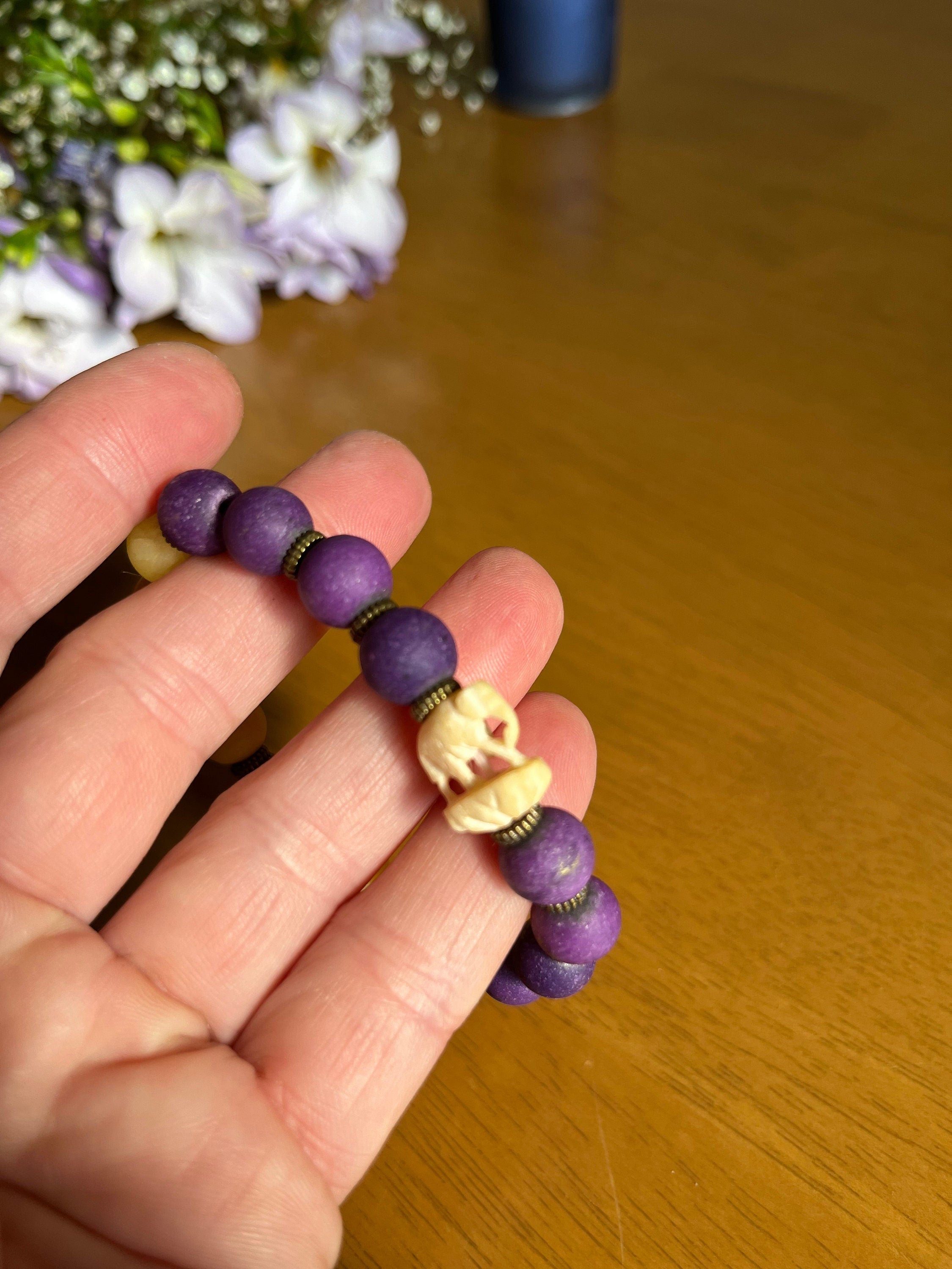 Unique purple and yellow natural Shungite and vintage Indian carved bone Elephant beads elasticated bracelet. Boho style gift unisex.