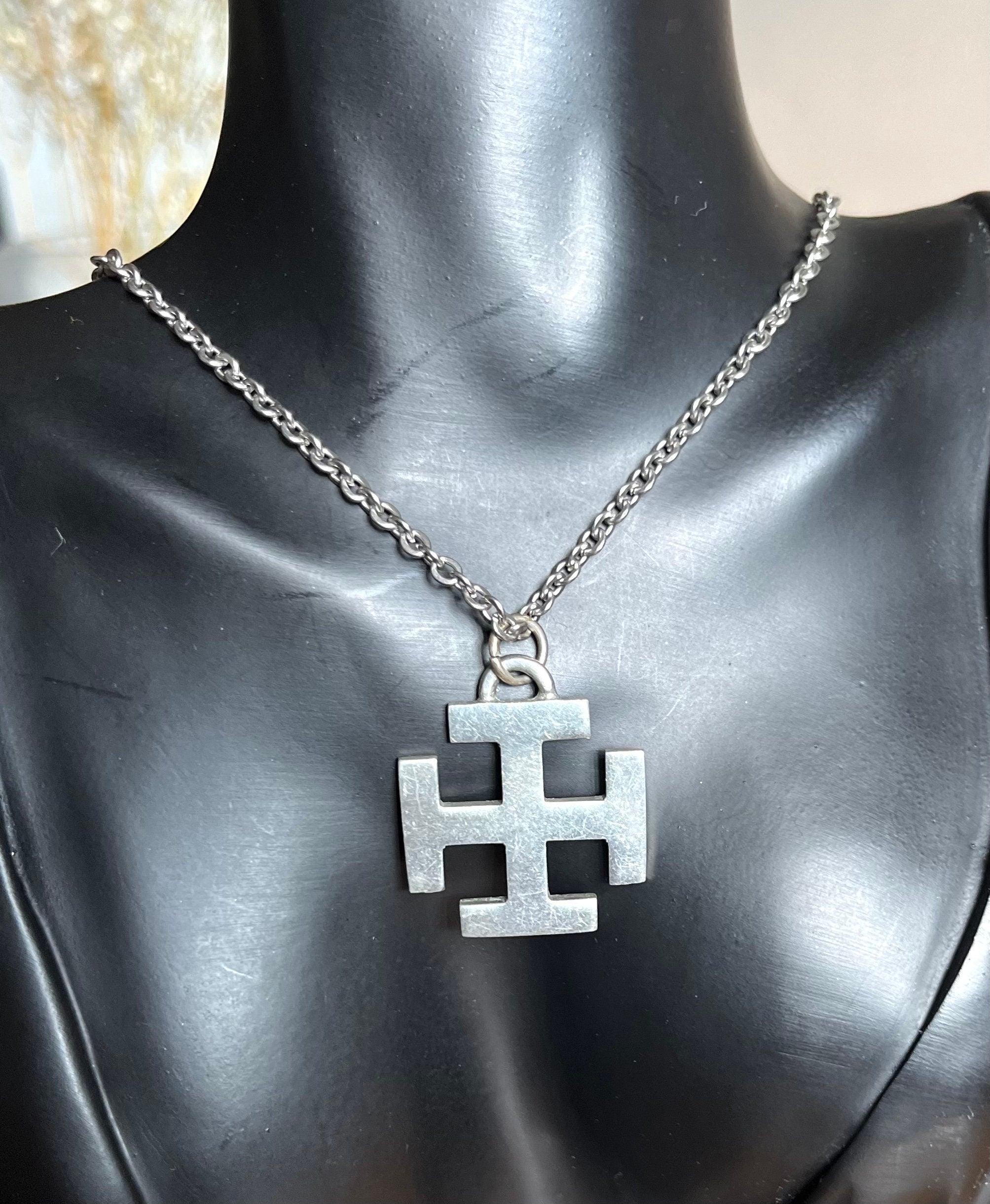 Signed Justin Silver tone metal long chain with a viking cross pendant vintage necklace. Gift unisex. Gift for him. Gift for her.