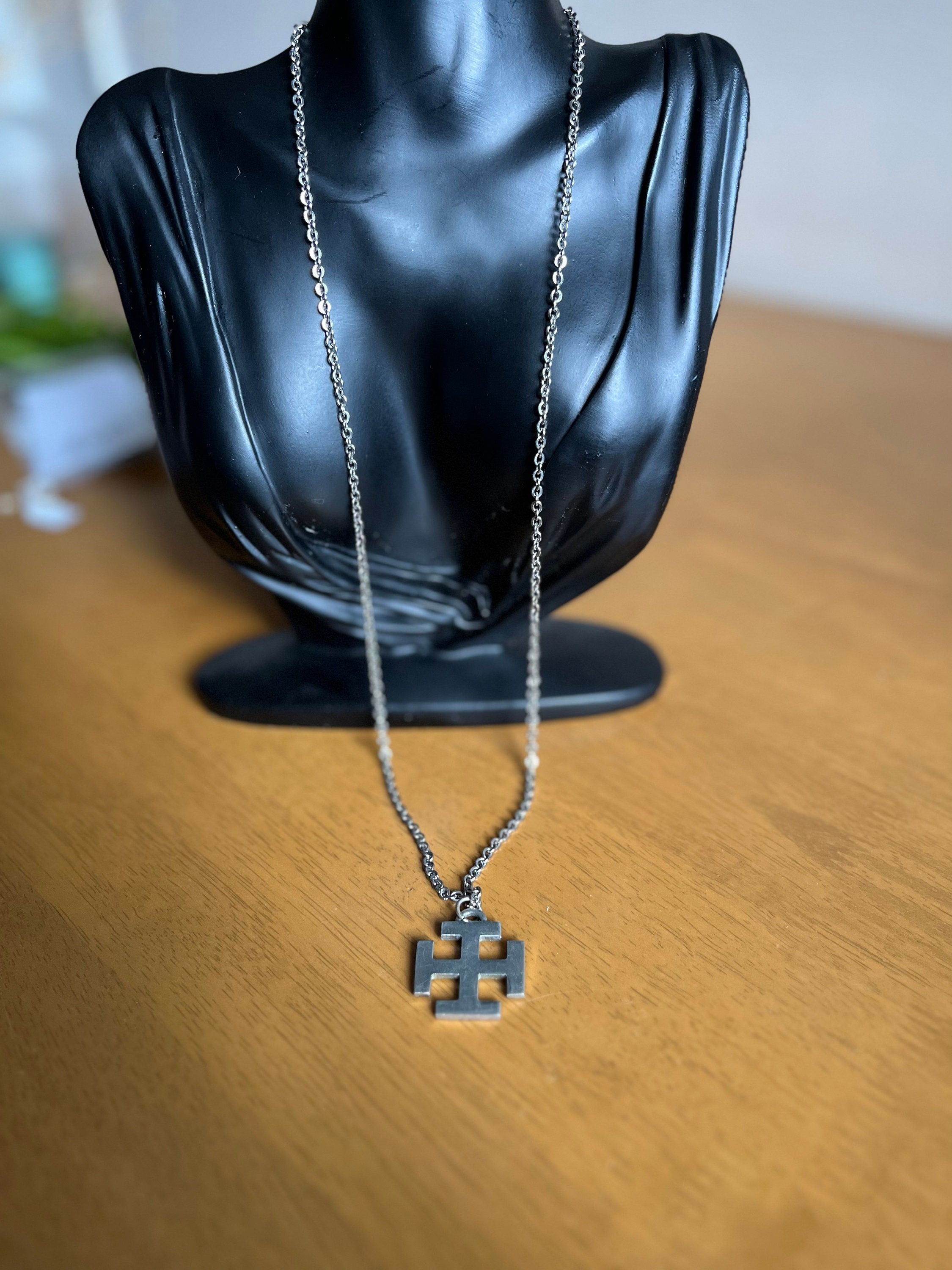 Signed Justin Silver tone metal long chain with a viking cross pendant vintage necklace. Gift unisex. Gift for him. Gift for her.