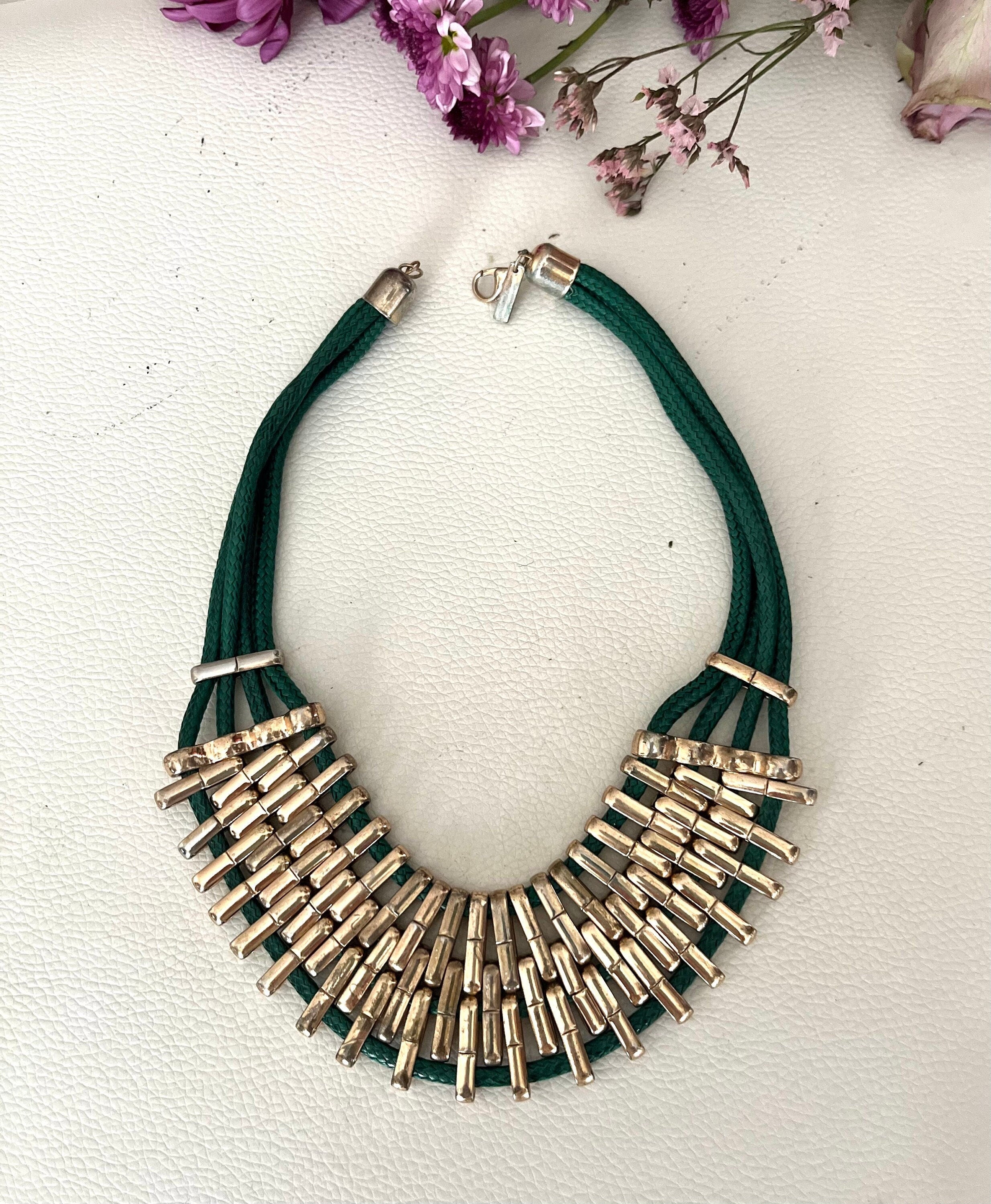 Signed Freedom green multi strand with gold tone metal connectors vintage choker necklace. Boho style necklace for a woman. Gift for her