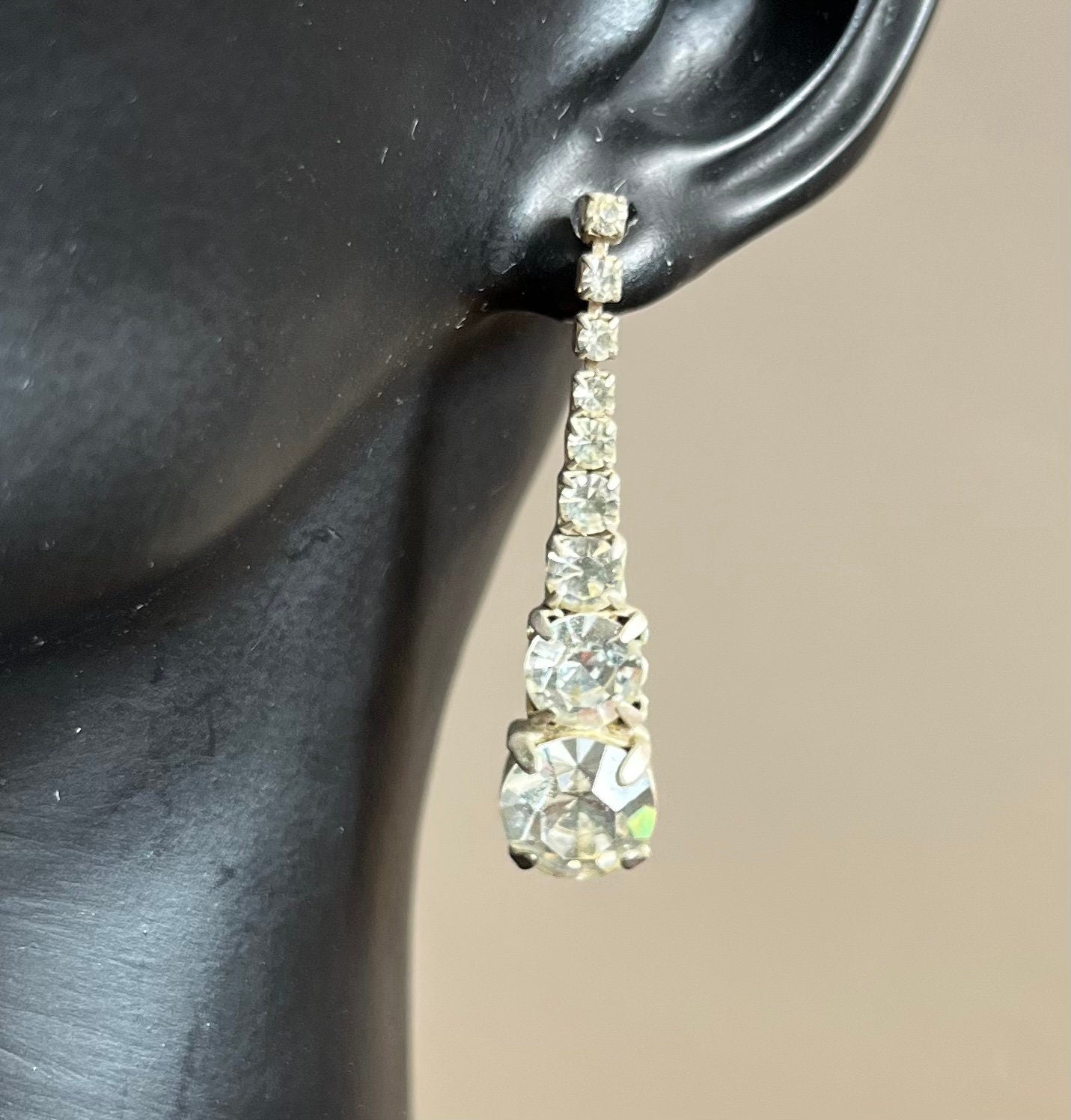 Silver tone metal and various size diamantes long tear drop stud vintage earrings for a woman. Beautiful wedding earrings. Gift for her.