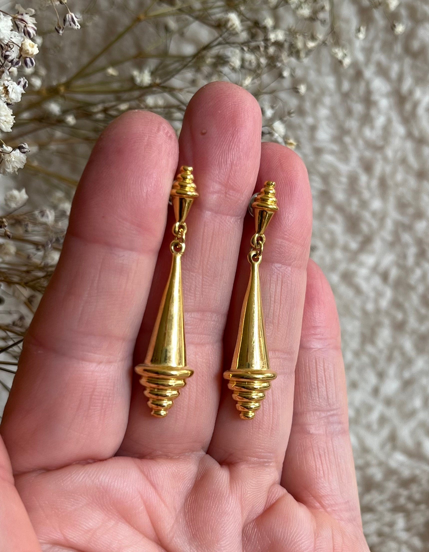 An interesting pair of quality gold tone metal geometric dangle drop stud vintage earrings for a woman or unisex. Gift for her.