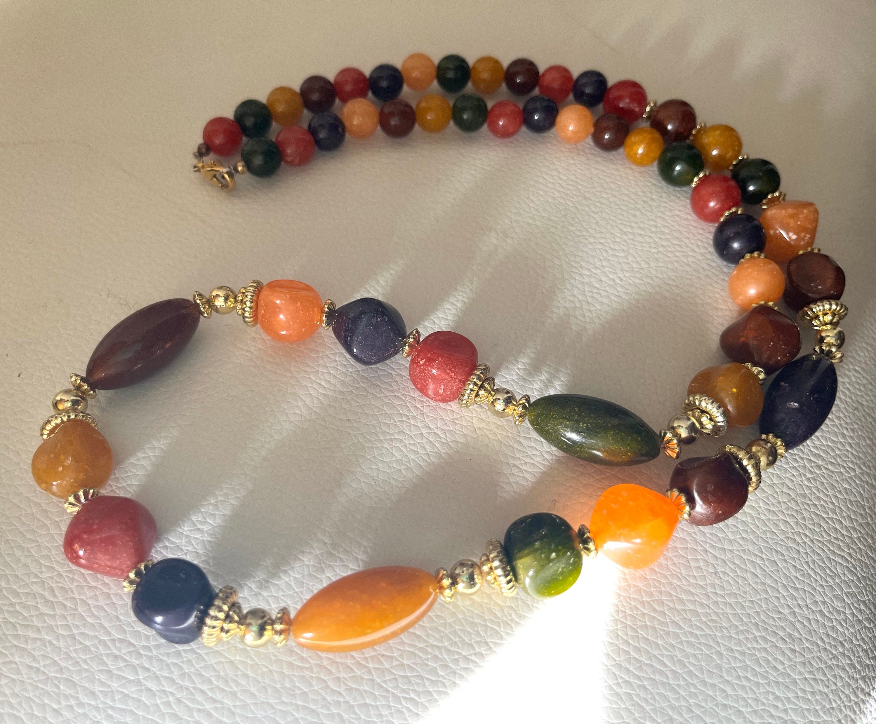 Multicoloured bright various shape beads plastic vintage necklace for a woman. Yellow, green and brown boho style necklace. Gift for her.