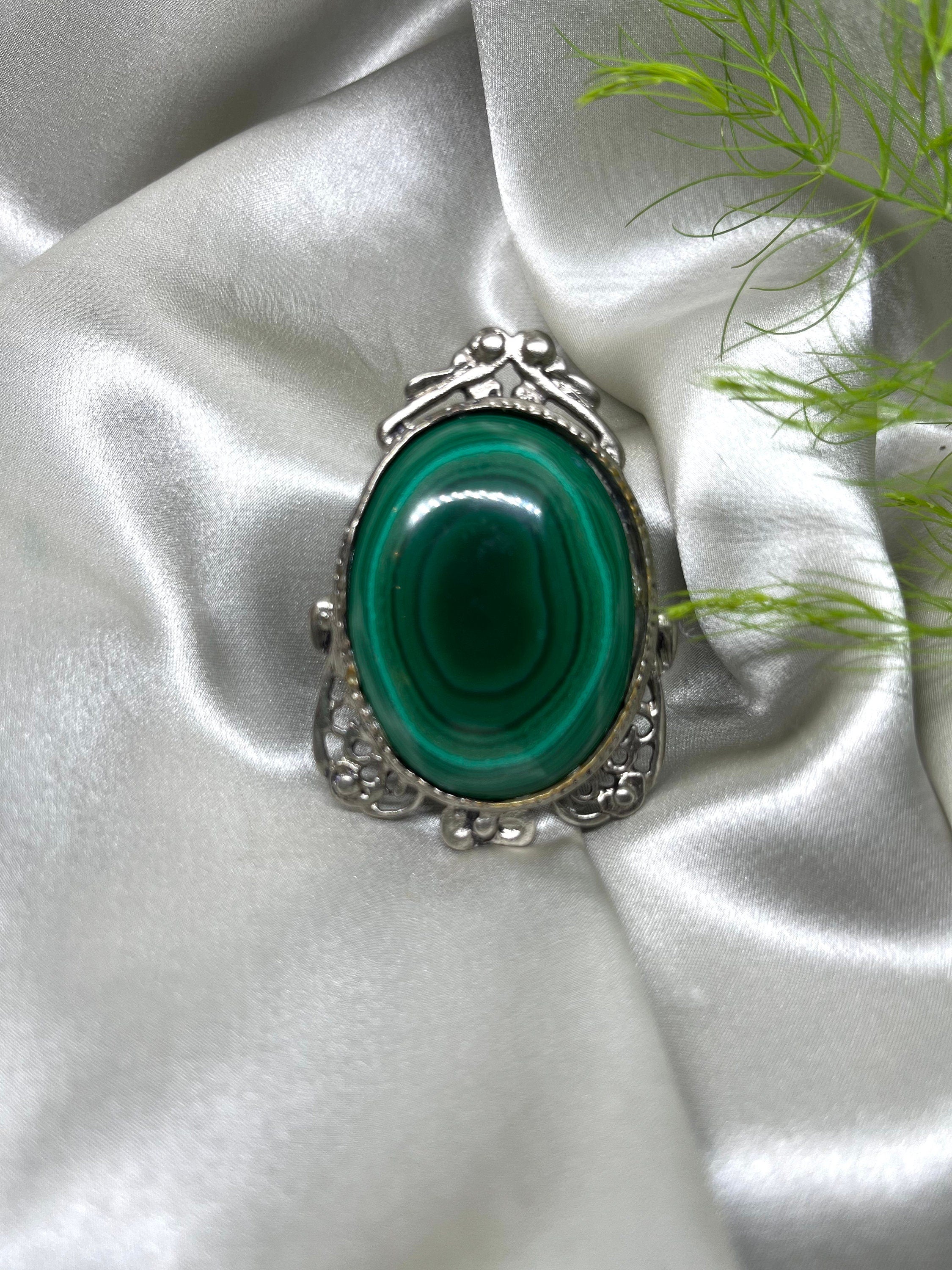 Stunning Victorian style natural large oval Malachite cabochon on a silver tone tray vintage brooch. Unique gift for her. Gift unisex.