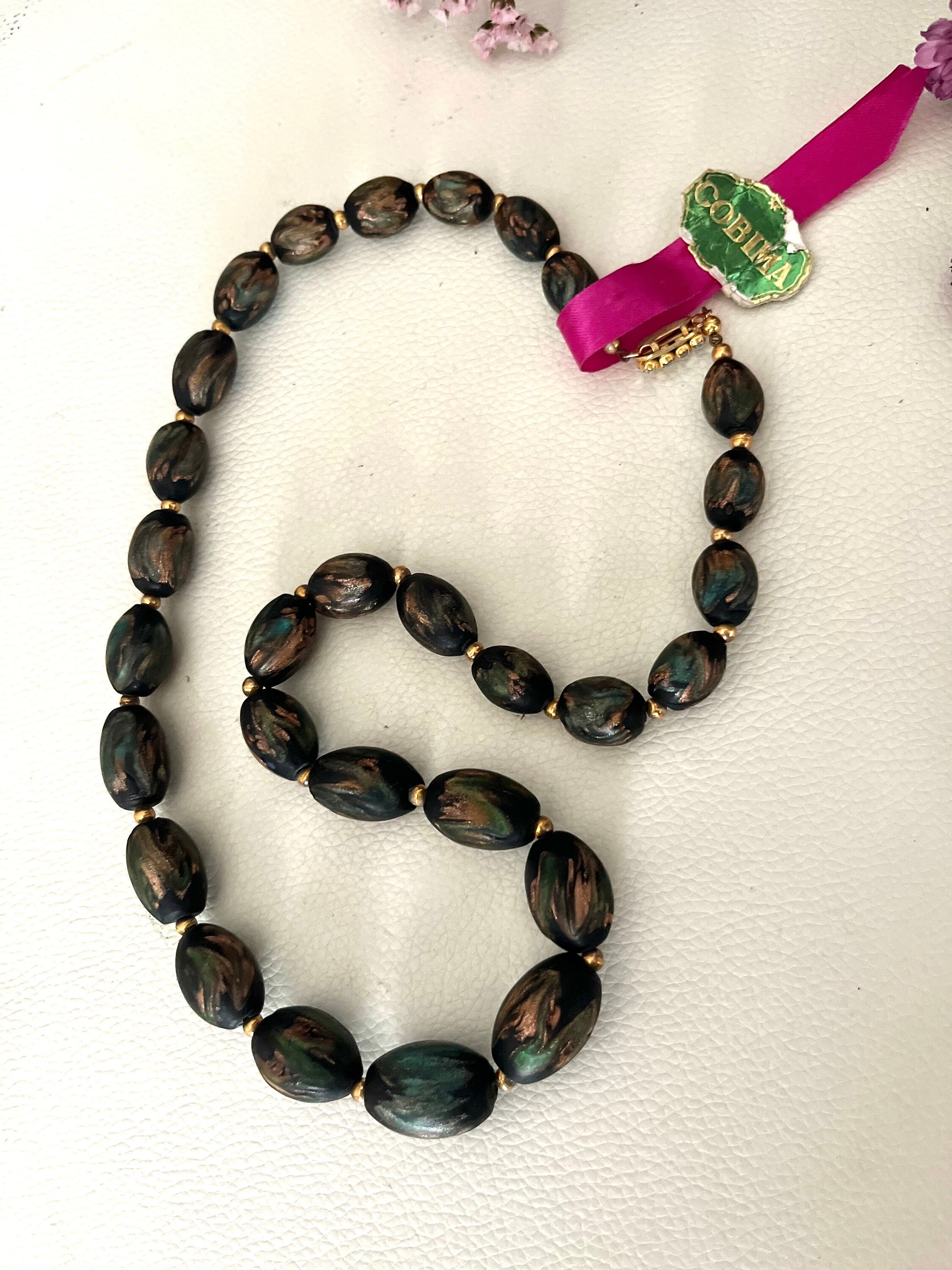 Tagged Cobima Palma Mallorca velvety black ceramic olive shape metallic colours hand painted beads vintage necklace. Gift for her.