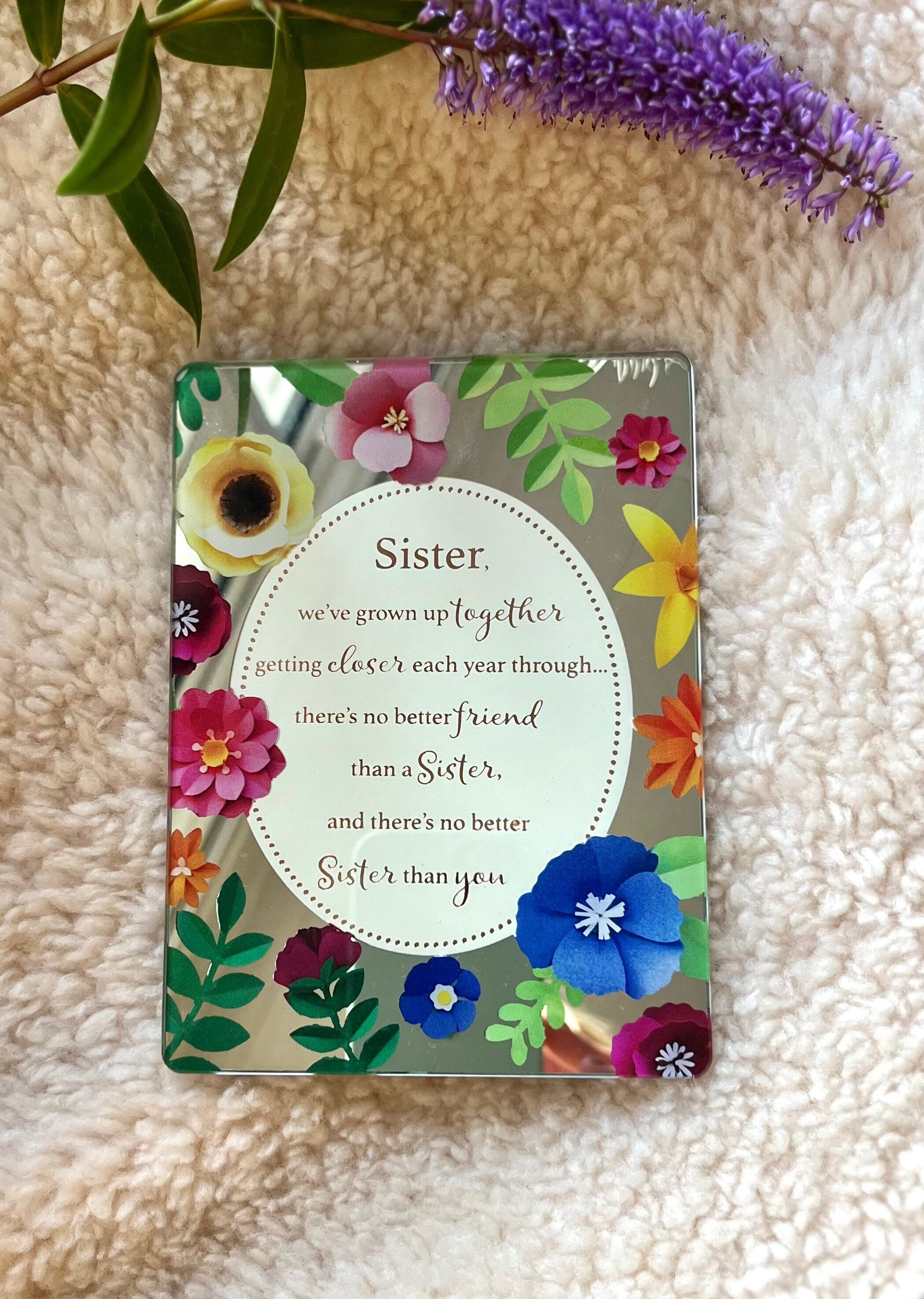 Lovely glass standing floral plaque with inspirational words for Sister. Vintage home decoration. Memorable gift for her.