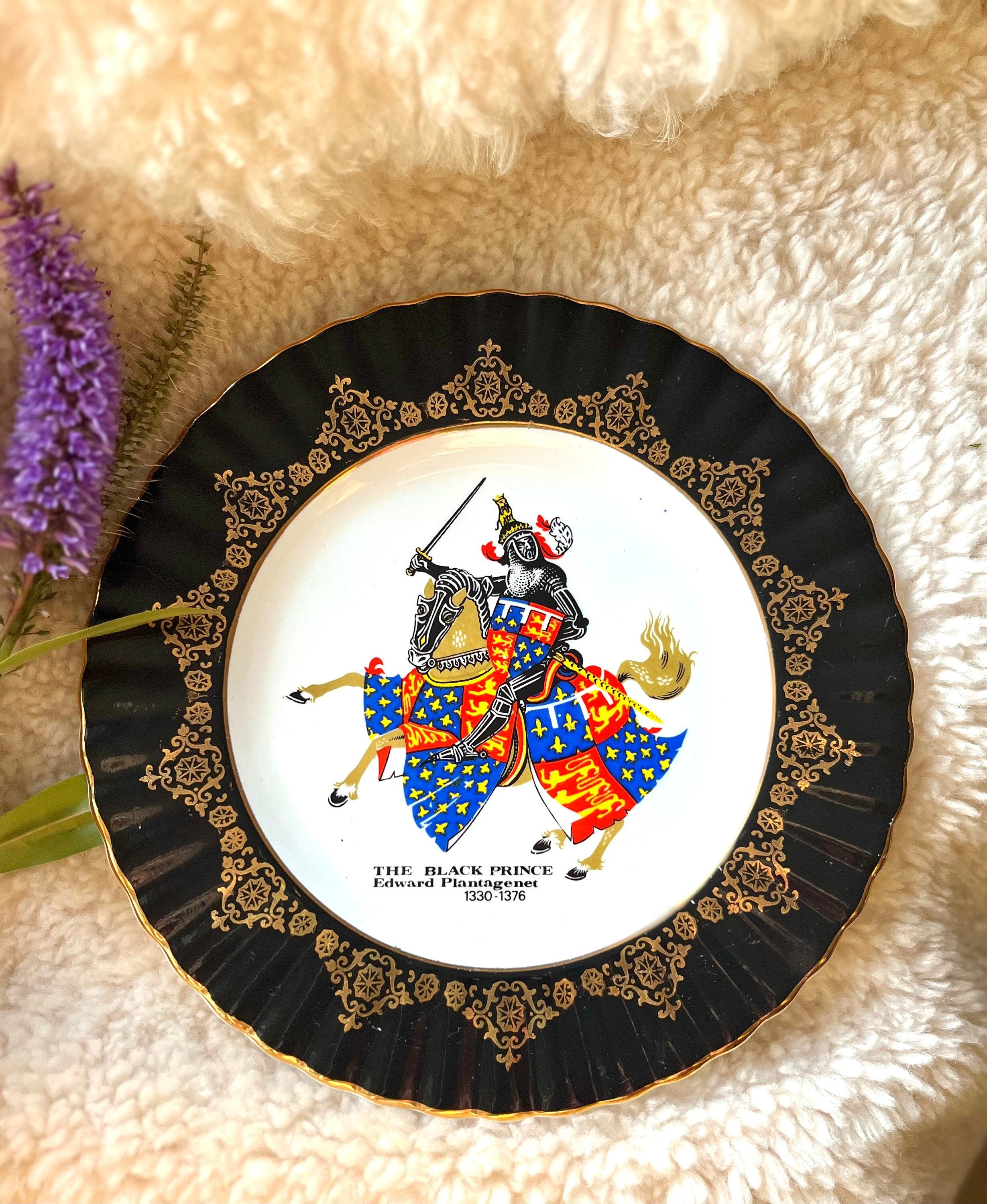 Marked RWL London porcelain memorabilia plate with an image of the Black Prince Edward Plantagenet and description on a back. Gift unisex.