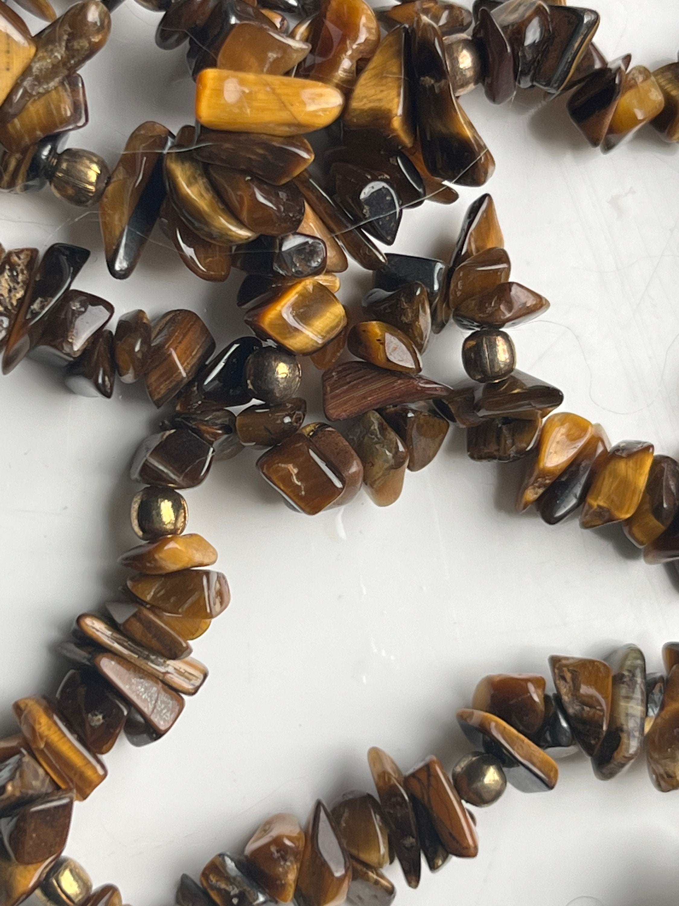 Natural Tiger eye chip beads with gold tone spacers long vintage necklace. Necklace unisex. Gift for her. Gift for him.