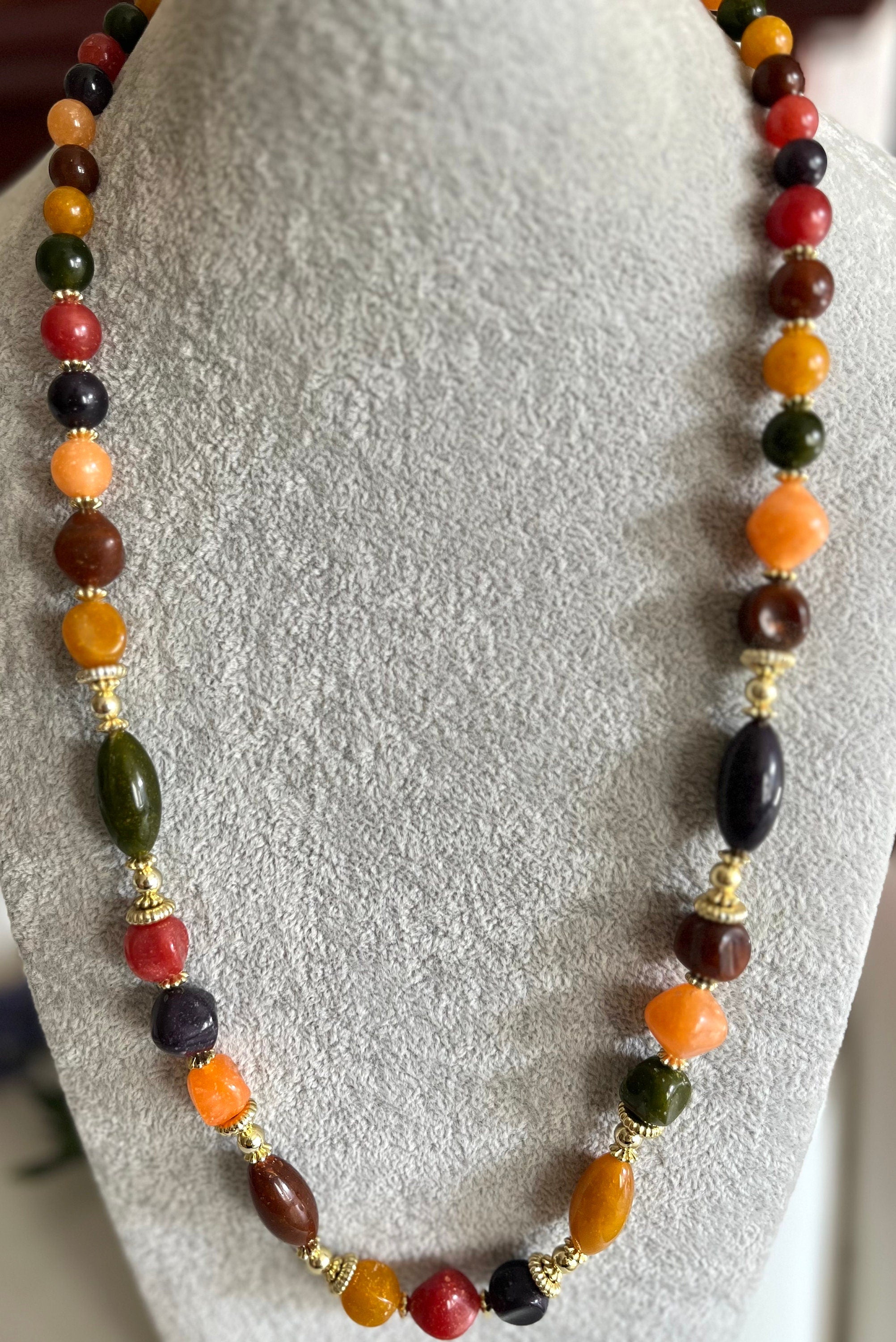 Multicoloured bright various shape beads plastic vintage necklace for a woman. Yellow, green and brown boho style necklace. Gift for her.