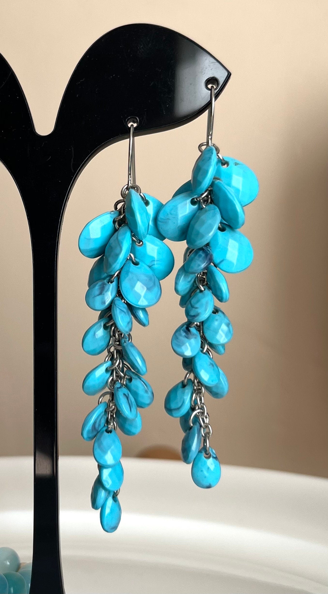 Turquoise colour cluster of a teardrop plastic beads long dangle drop vintage earrings. Boho style earrings for a woman. Gift for her