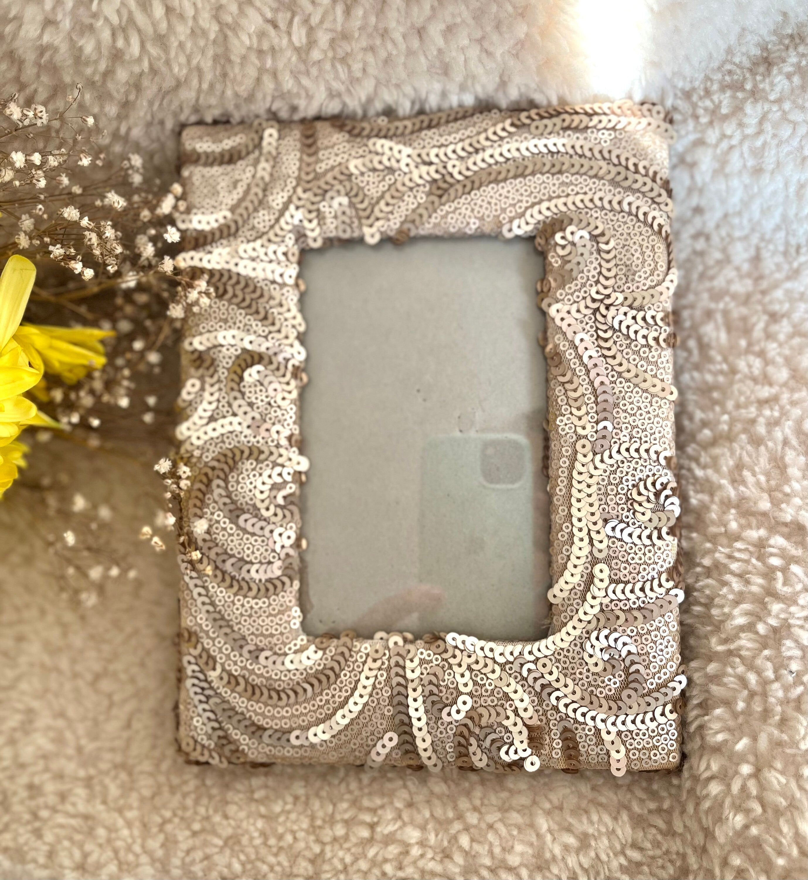 Vintage photo frame embroidered with warm silver colour sequins. Collectible souvenir. Vintage home decoration. Gift unisex.