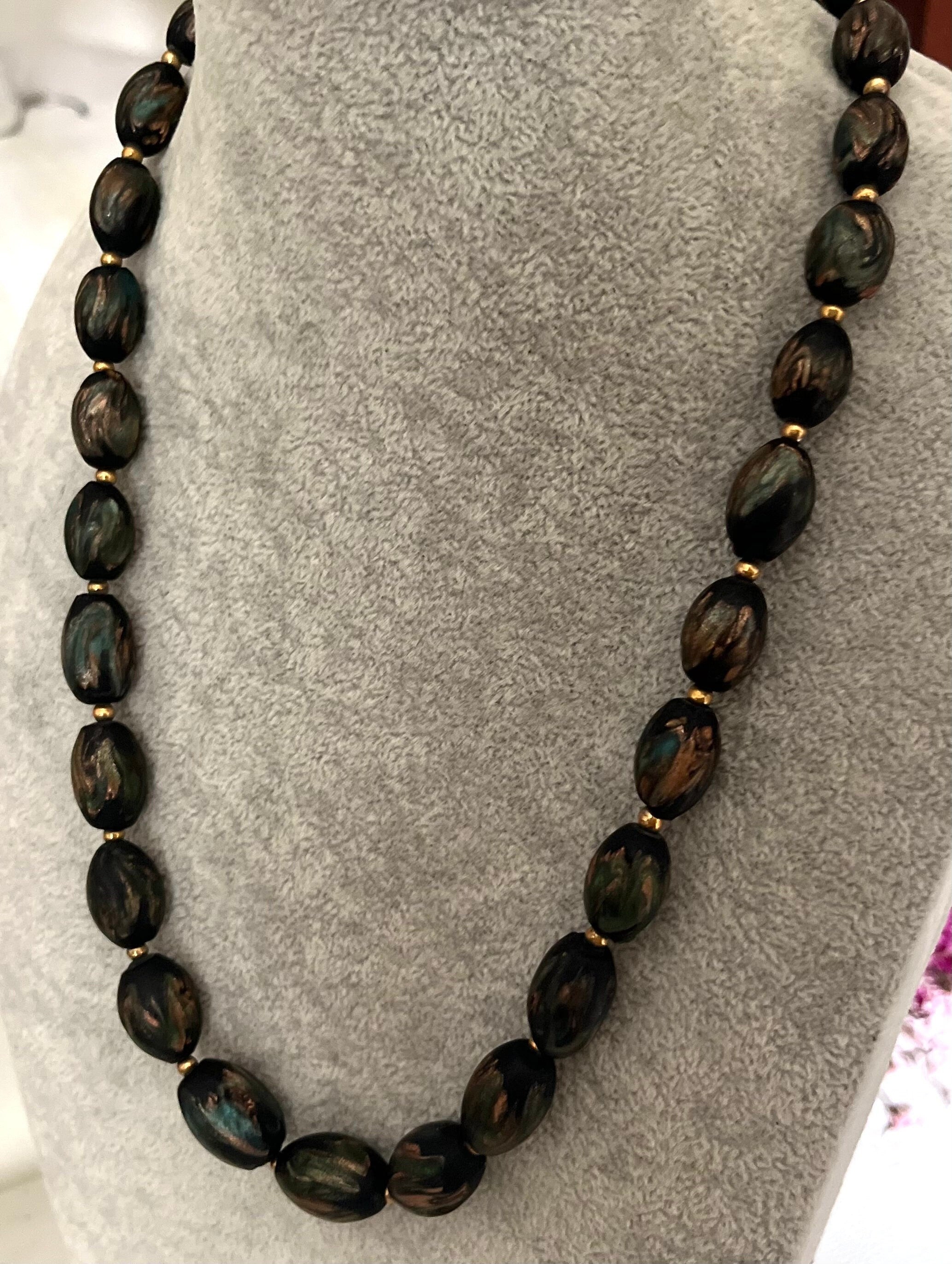 Tagged Cobima Palma Mallorca velvety black ceramic olive shape metallic colours hand painted beads vintage necklace. Gift for her.