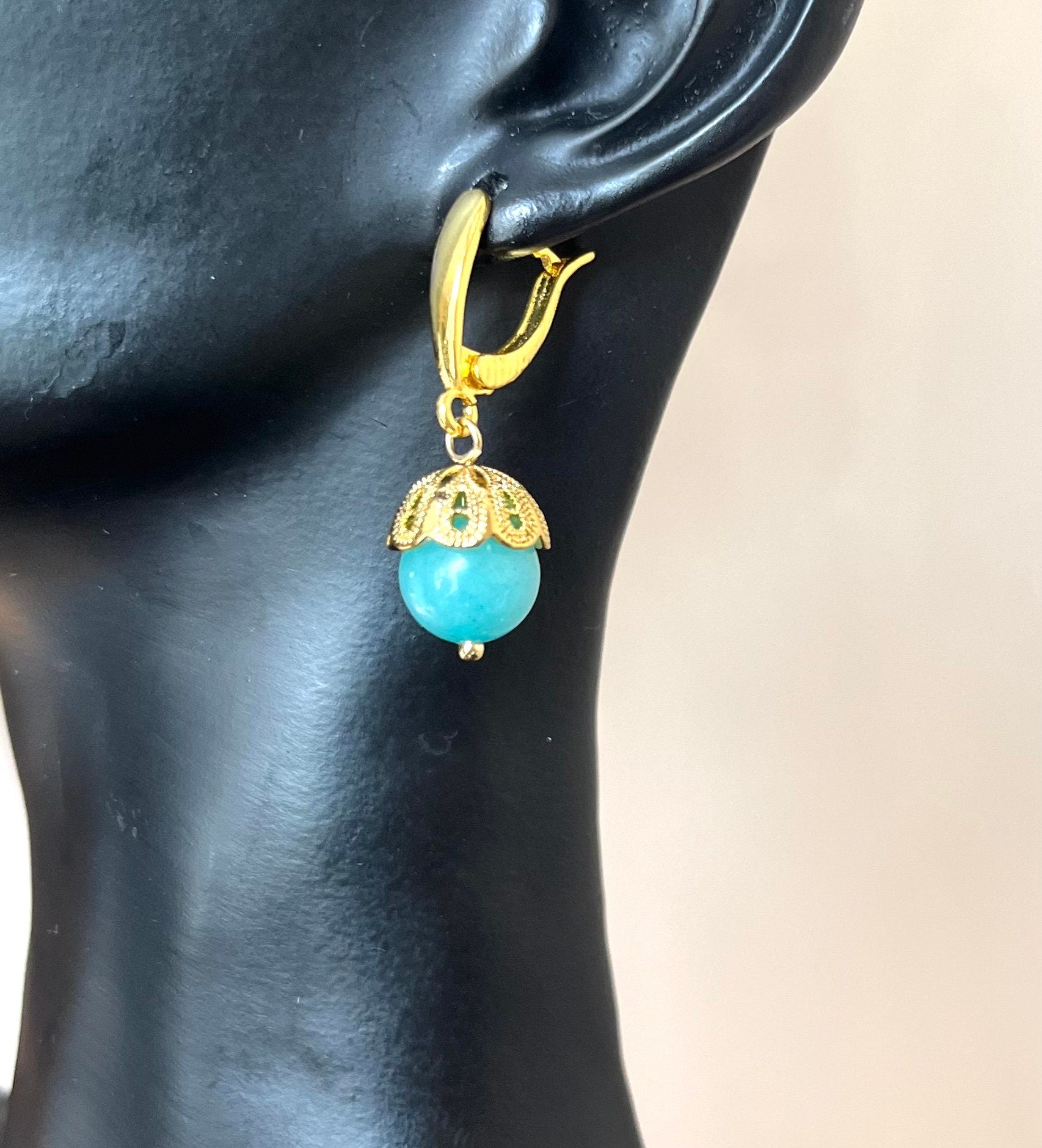 Natural Amazonite bead in gold tone steel settings dangle drop earrings. Handmade earrings for a woman. Gift for her.