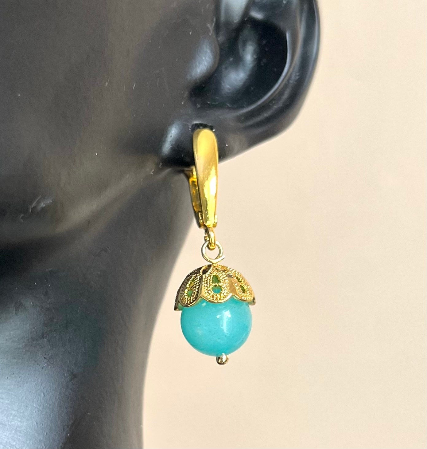 Natural Amazonite bead in gold tone steel settings dangle drop earrings. Handmade earrings for a woman. Gift for her.