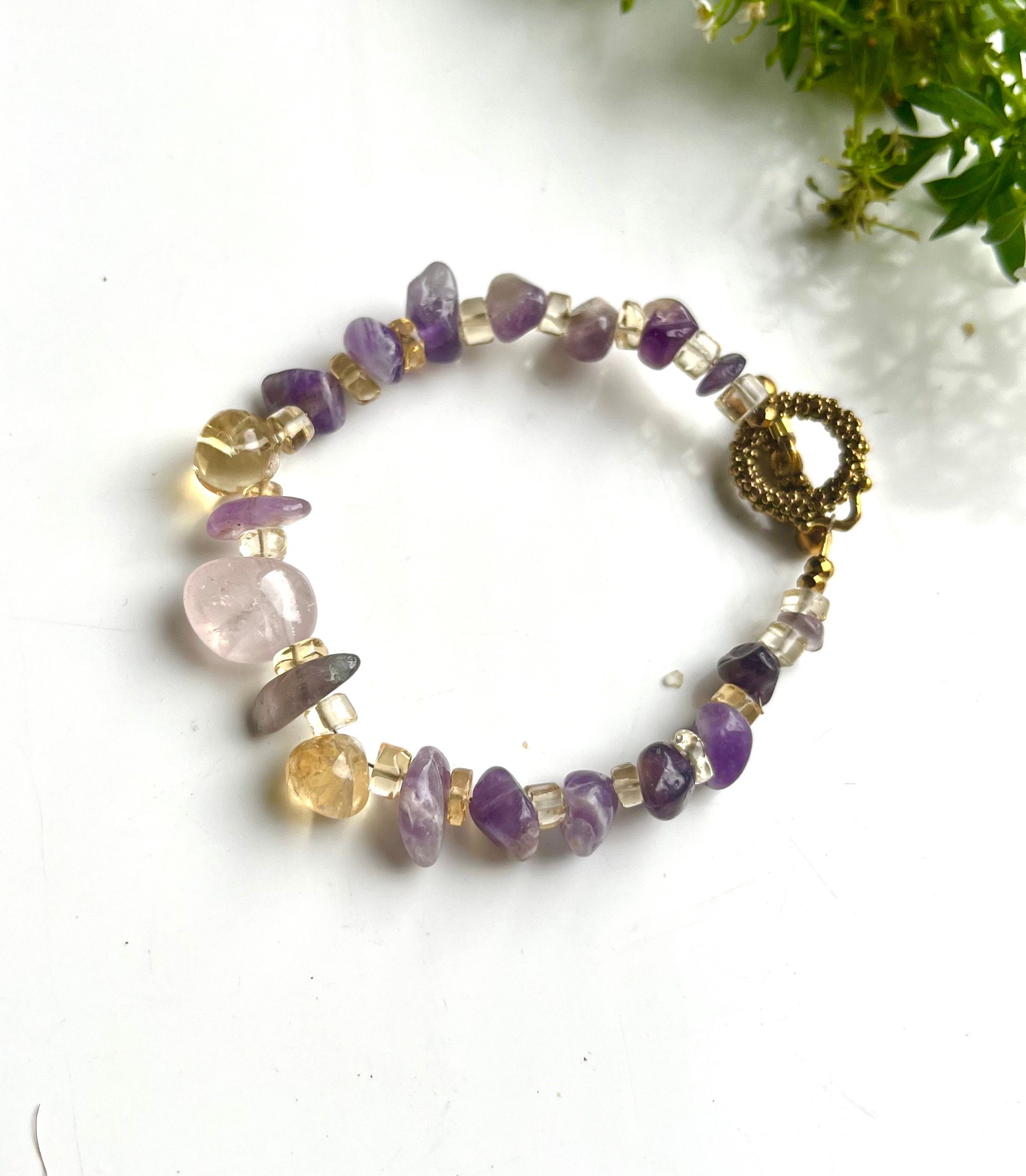 Natural Amethyst, Citrine and Rose Quartz crystals happiness amulet bracelet for a woman. Handmade gift for her. Healing crystals.