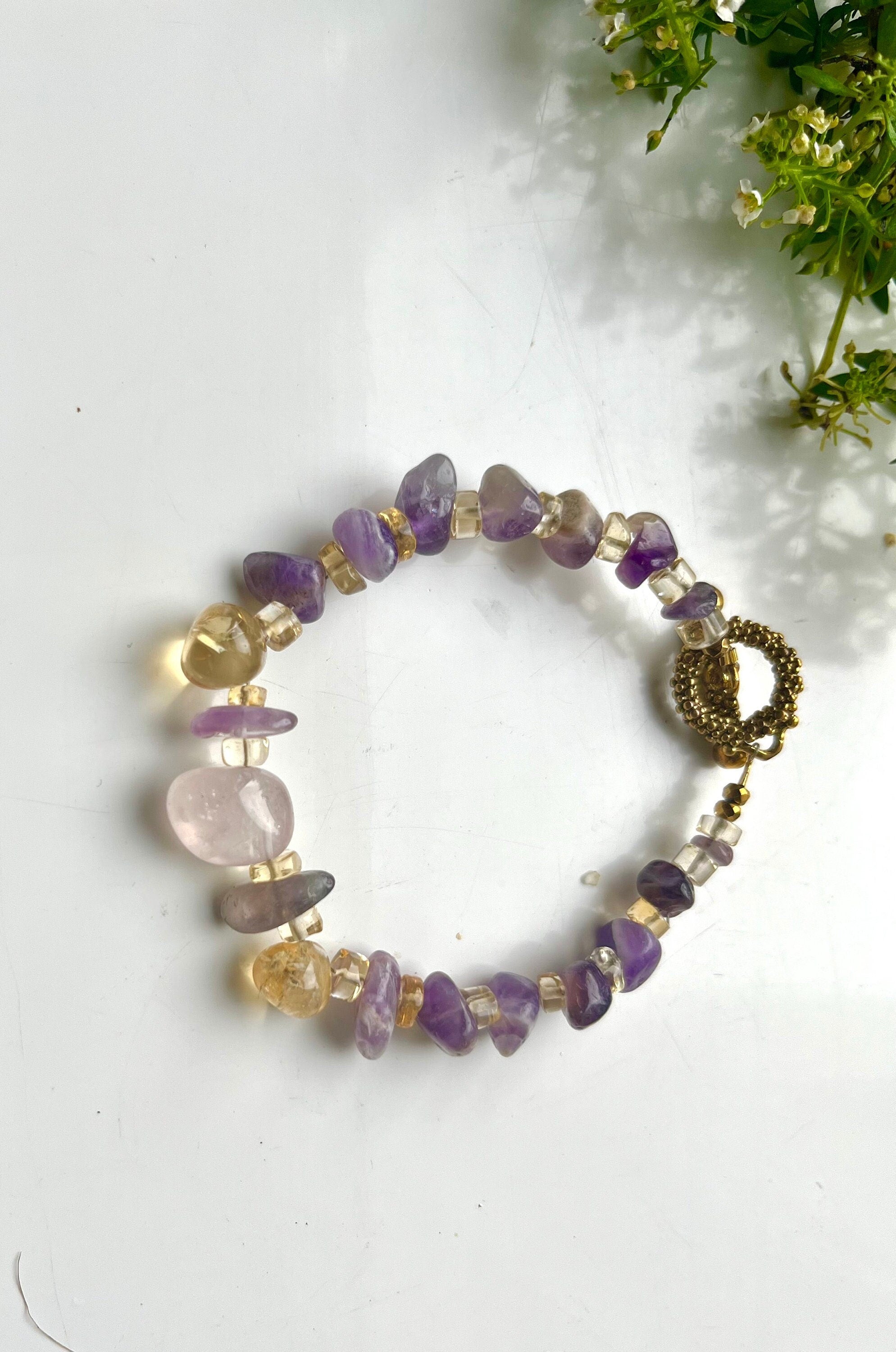 Natural Amethyst, Citrine and Rose Quartz crystals happiness amulet bracelet for a woman. Handmade gift for her. Healing crystals.