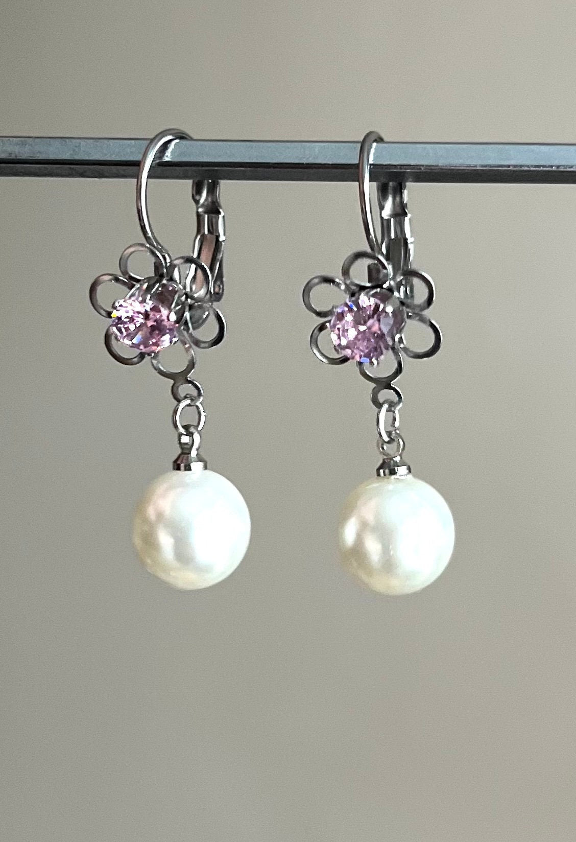 Stainless steel latch back earrings with Cubic Zirconia cabochon and faux pearl dangle drop. Handmade earrings. Lovely gift for her.