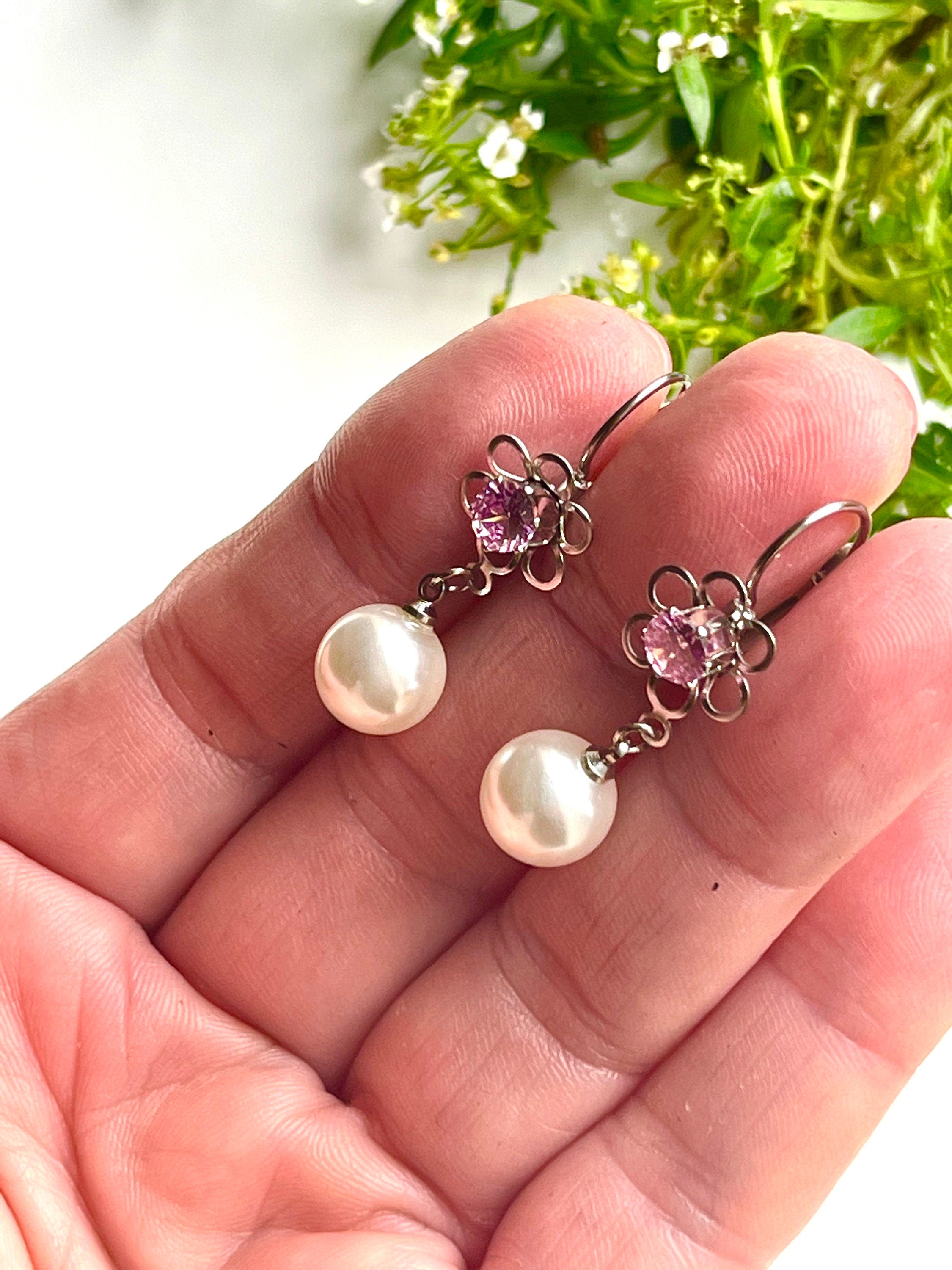 Stainless steel latch back earrings with Cubic Zirconia cabochon and faux pearl dangle drop. Handmade earrings. Lovely gift for her.