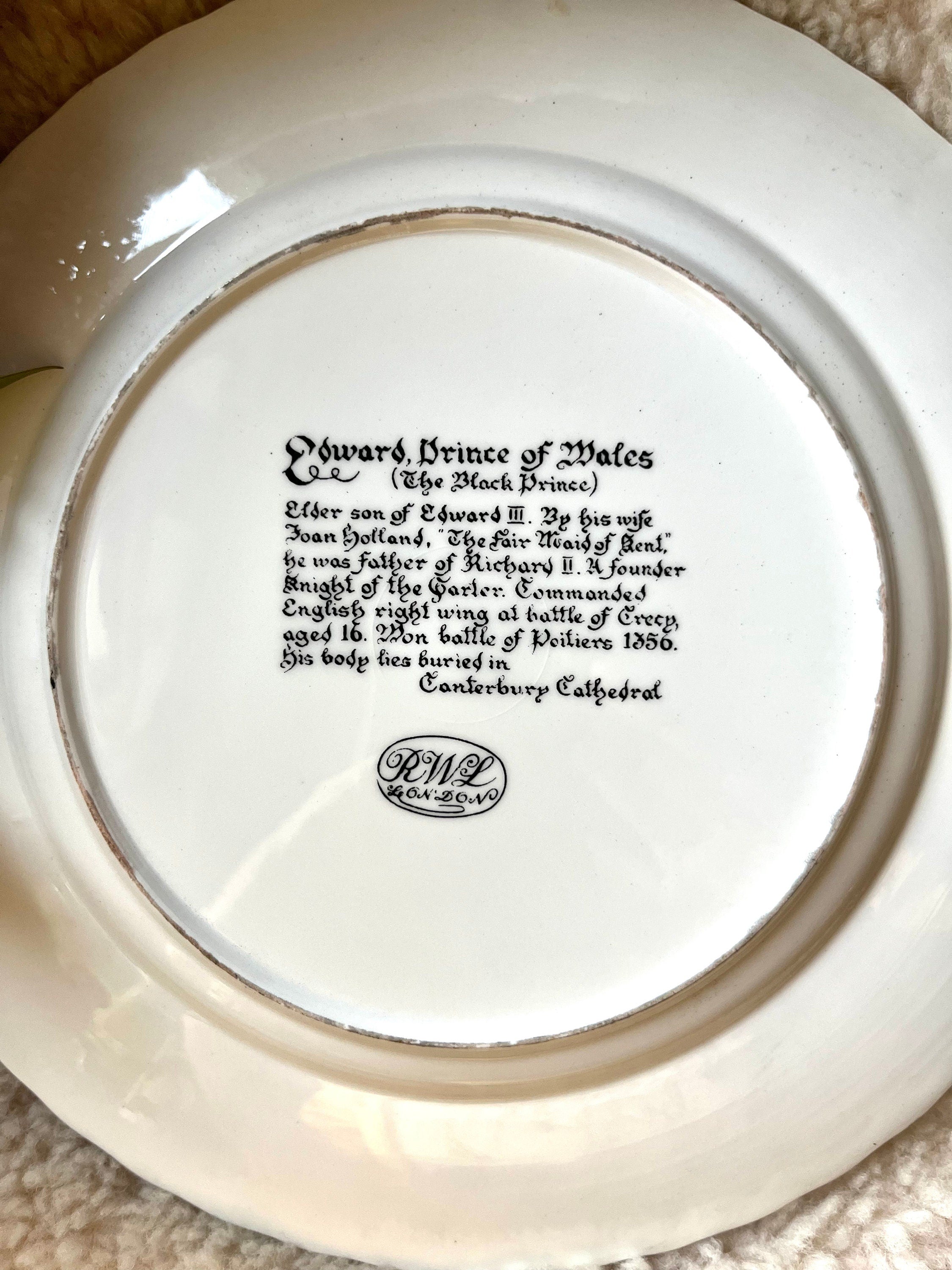 Marked RWL London porcelain memorabilia plate with an image of the Black Prince Edward Plantagenet and description on a back. Gift unisex.