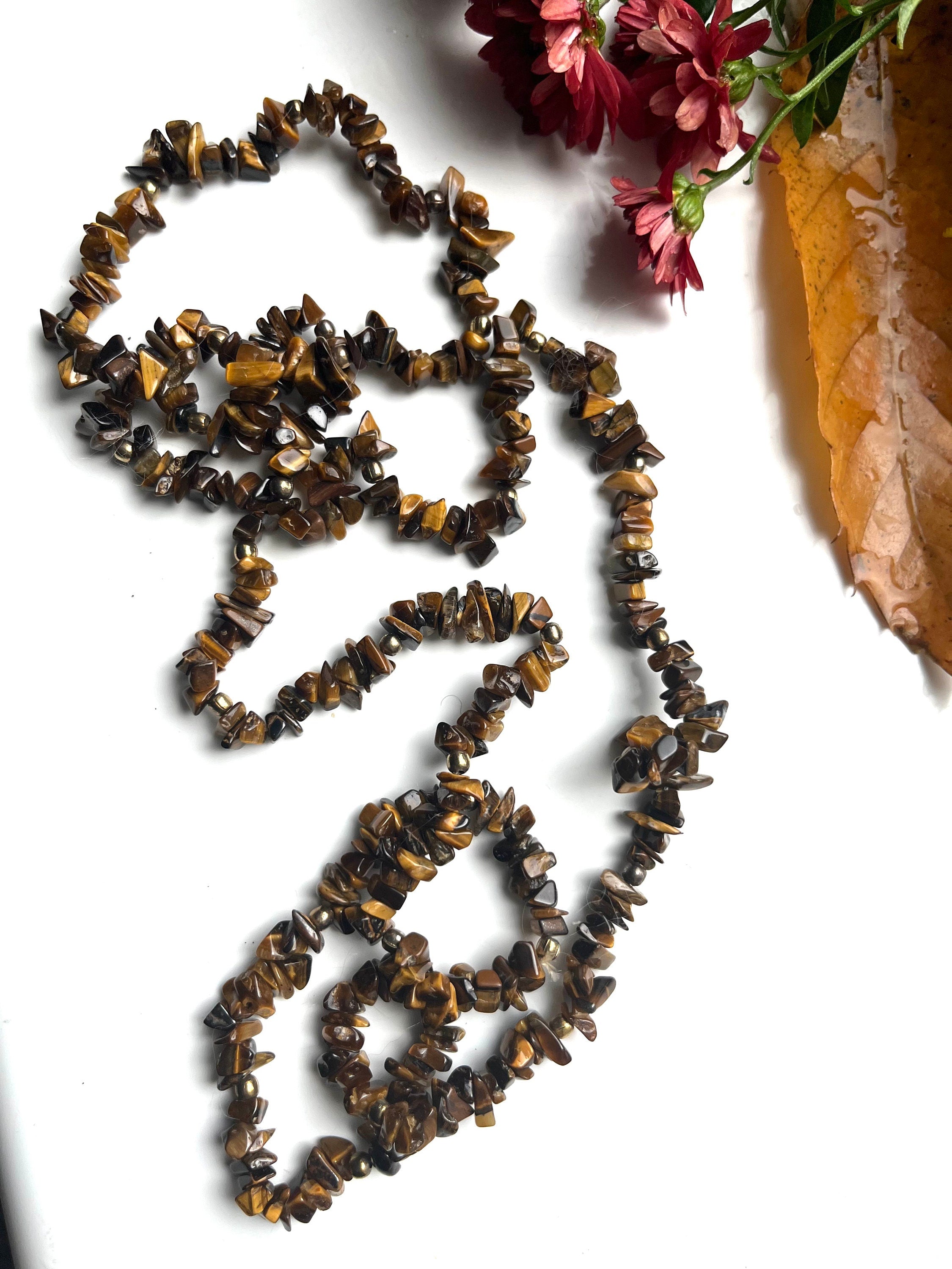 Natural Tiger eye chip beads with gold tone spacers long vintage necklace. Necklace unisex. Gift for her. Gift for him.