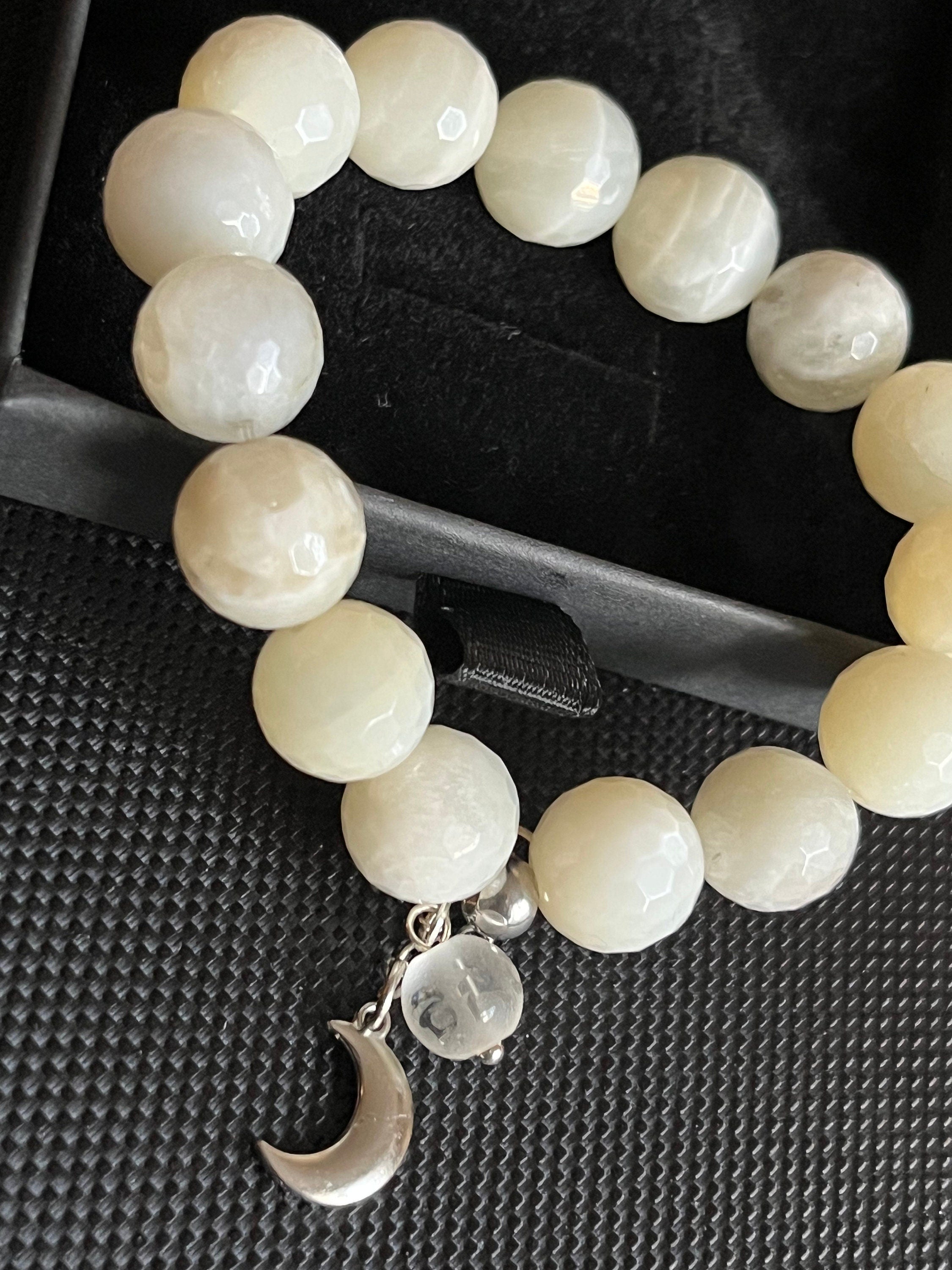 Natural Moonstone large facet cuts beads elasticated bracelet with an Om and a crescent moon charms. Handmade meaningful gift for her.