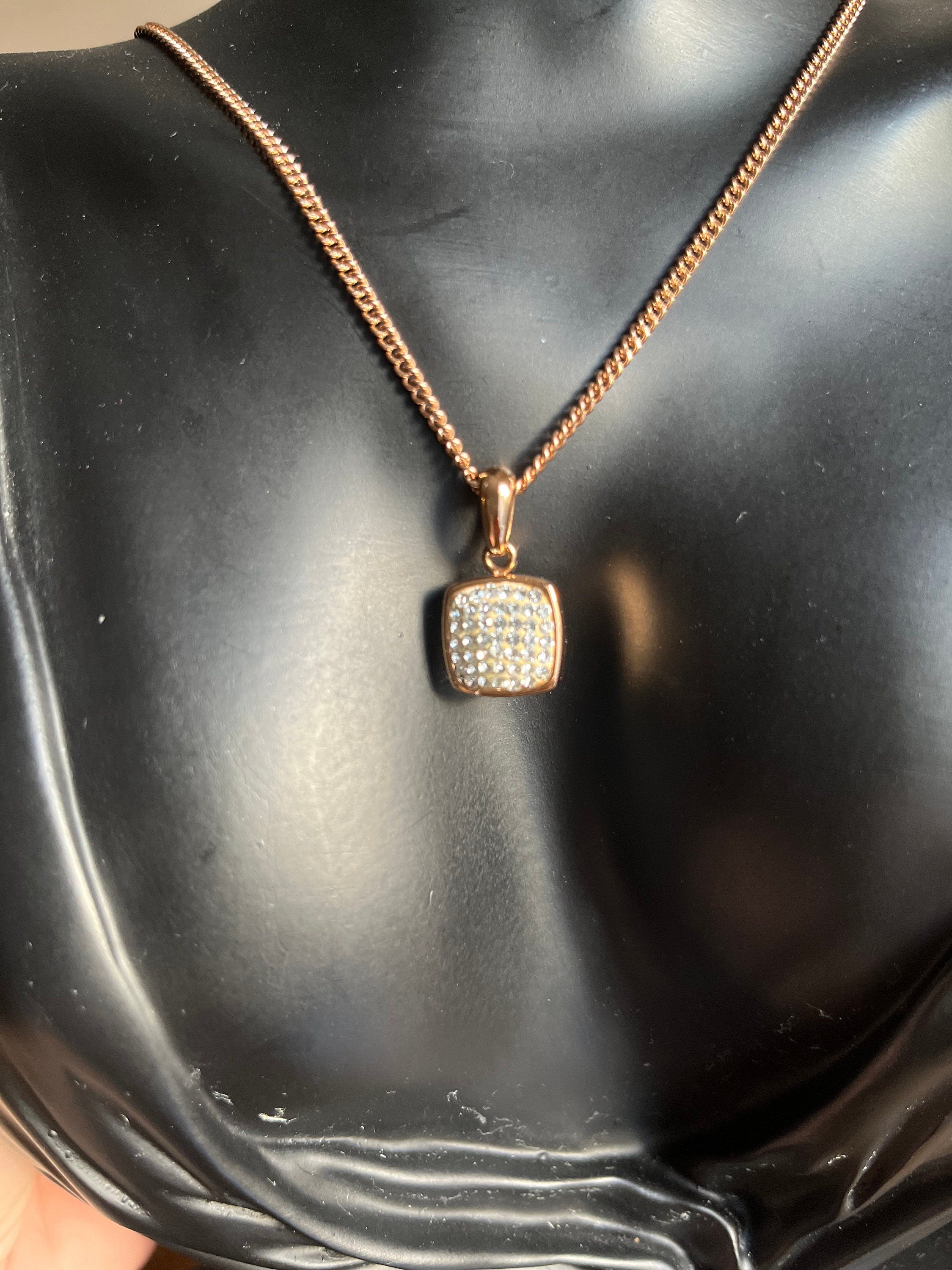 Signed AC cute square gold tone quality pendant with rhinestones on a thin chain vintage choker necklace. Beautiful gift for her.