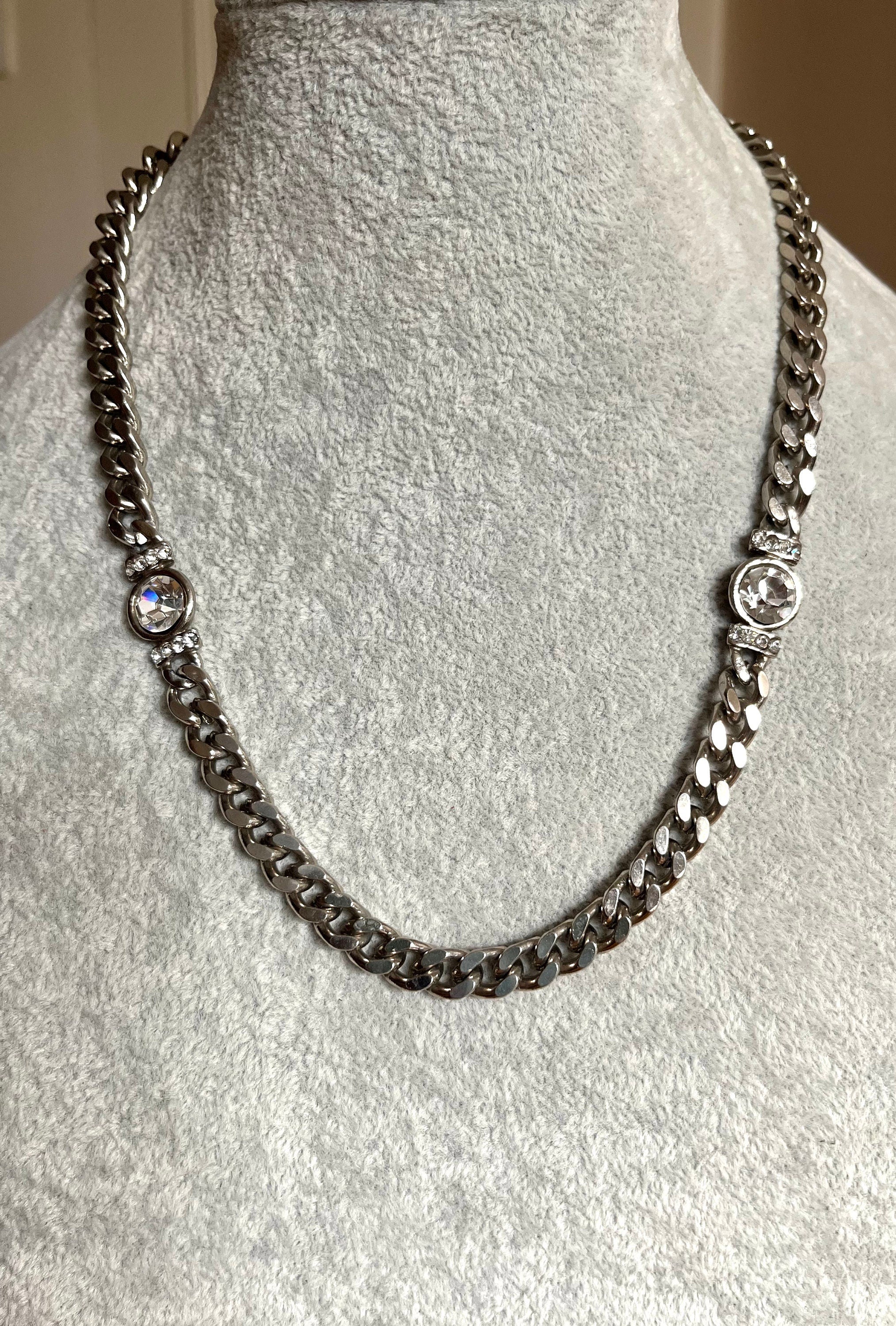 Quality large steel chain with 2 large rhinestones vintage choker necklace unisex. Chain necklace for a woman or a man. Gift unisex.