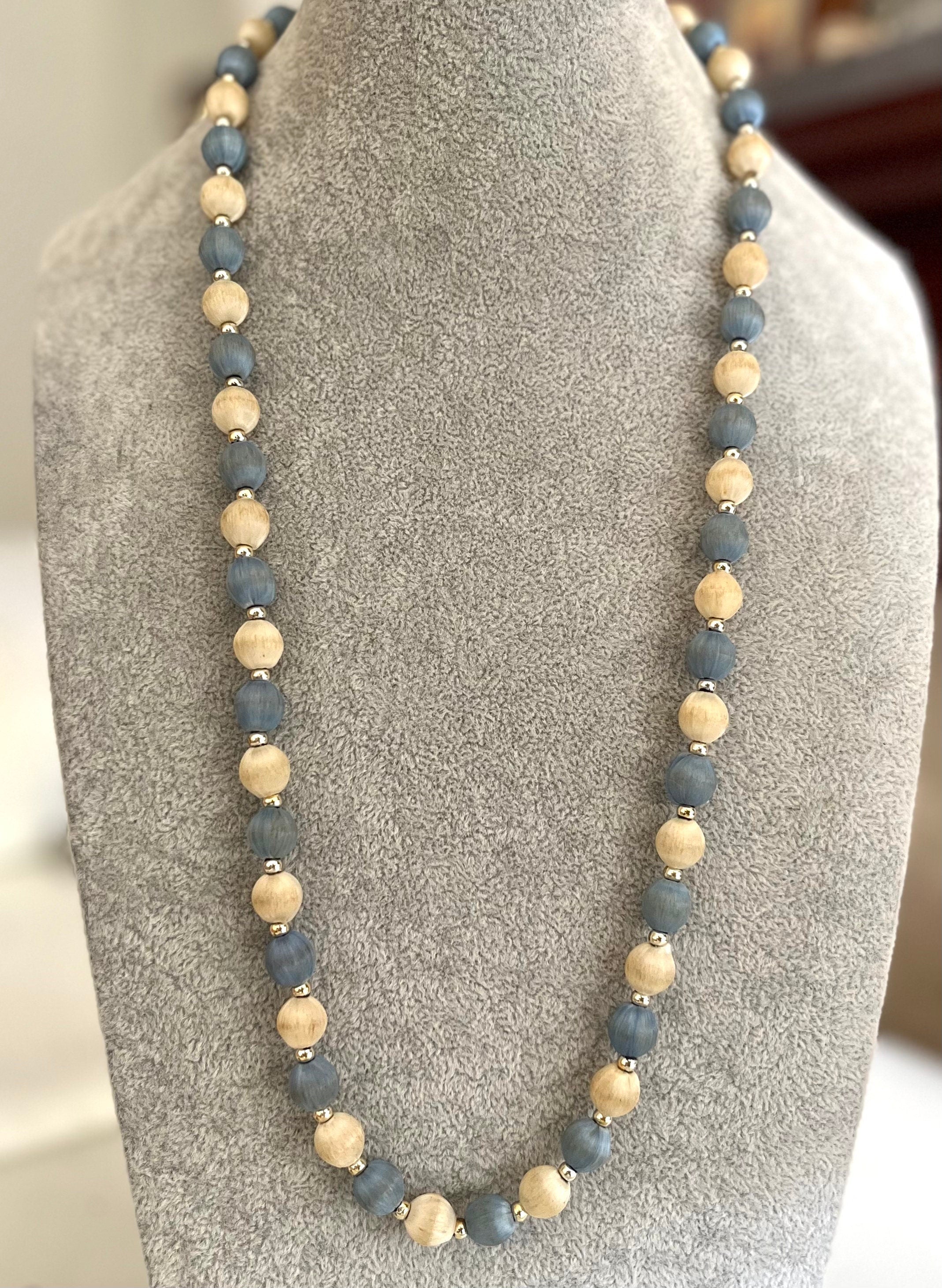 White and light blue silk and plastic beads continuous vintage necklace. Classic necklace for a woman. Gift for her.