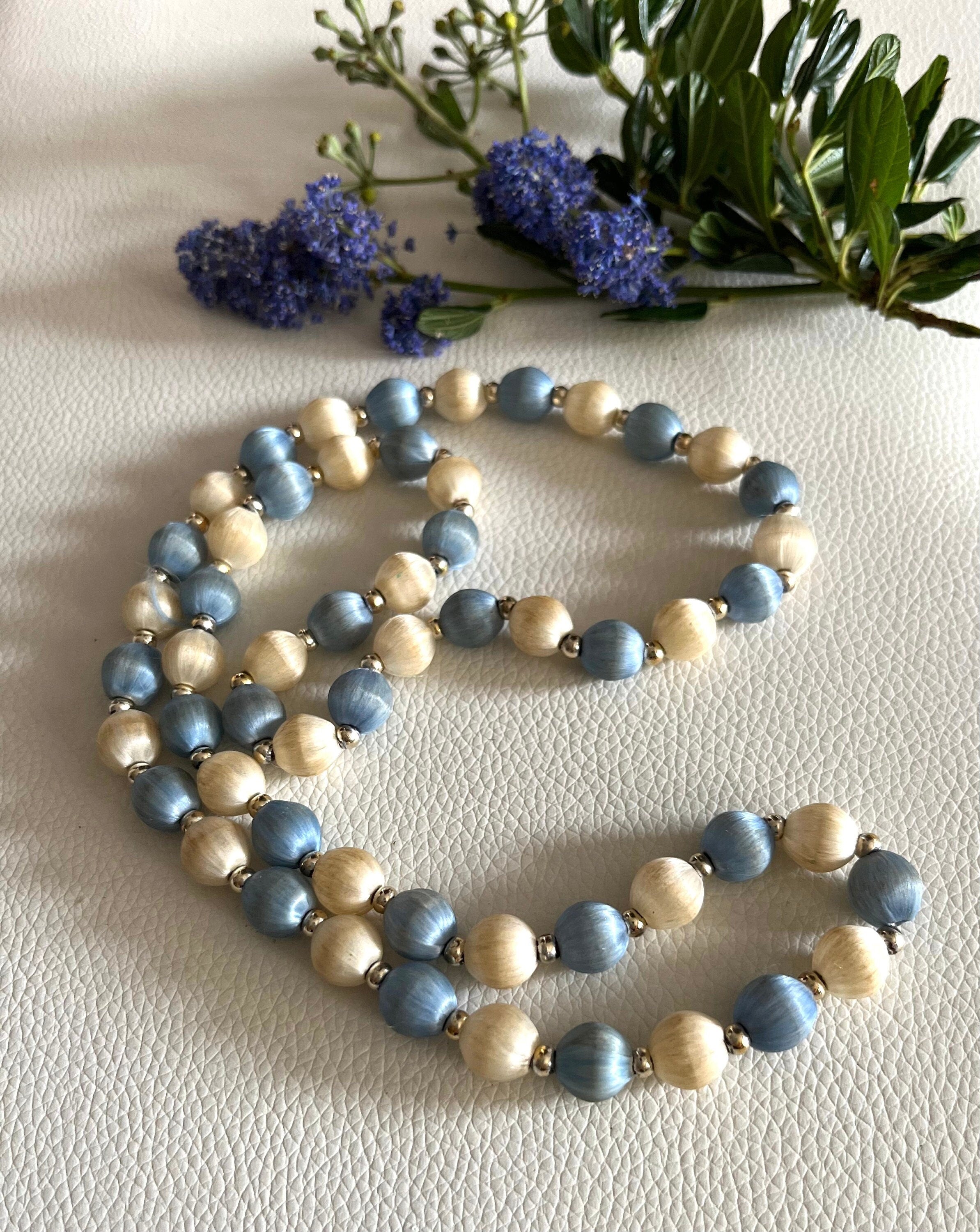 White and light blue silk and plastic beads continuous vintage necklace. Classic necklace for a woman. Gift for her.