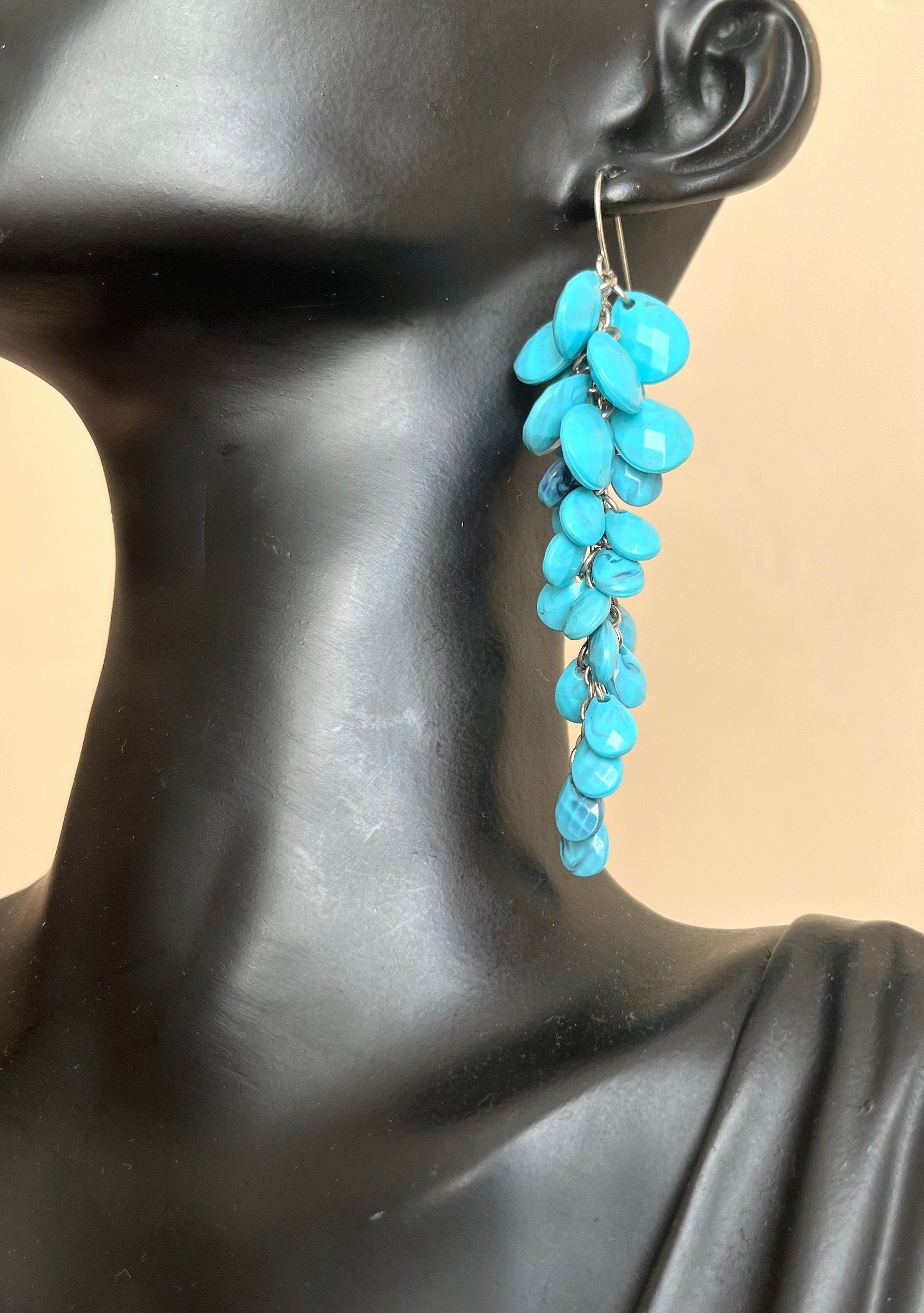 Turquoise colour cluster of a teardrop plastic beads long dangle drop vintage earrings. Boho style earrings for a woman. Gift for her