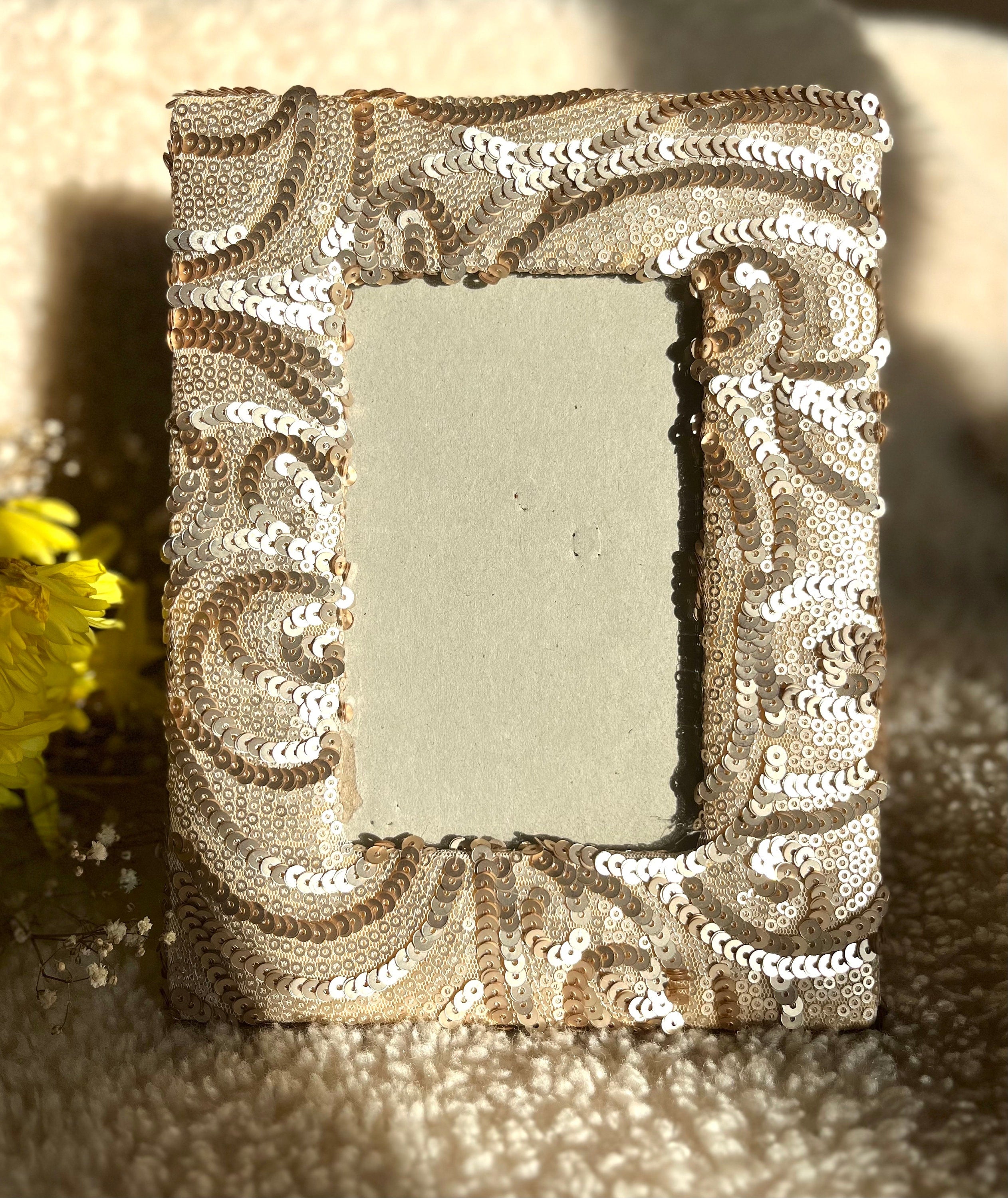 Vintage photo frame embroidered with warm silver colour sequins. Collectible souvenir. Vintage home decoration. Gift unisex.