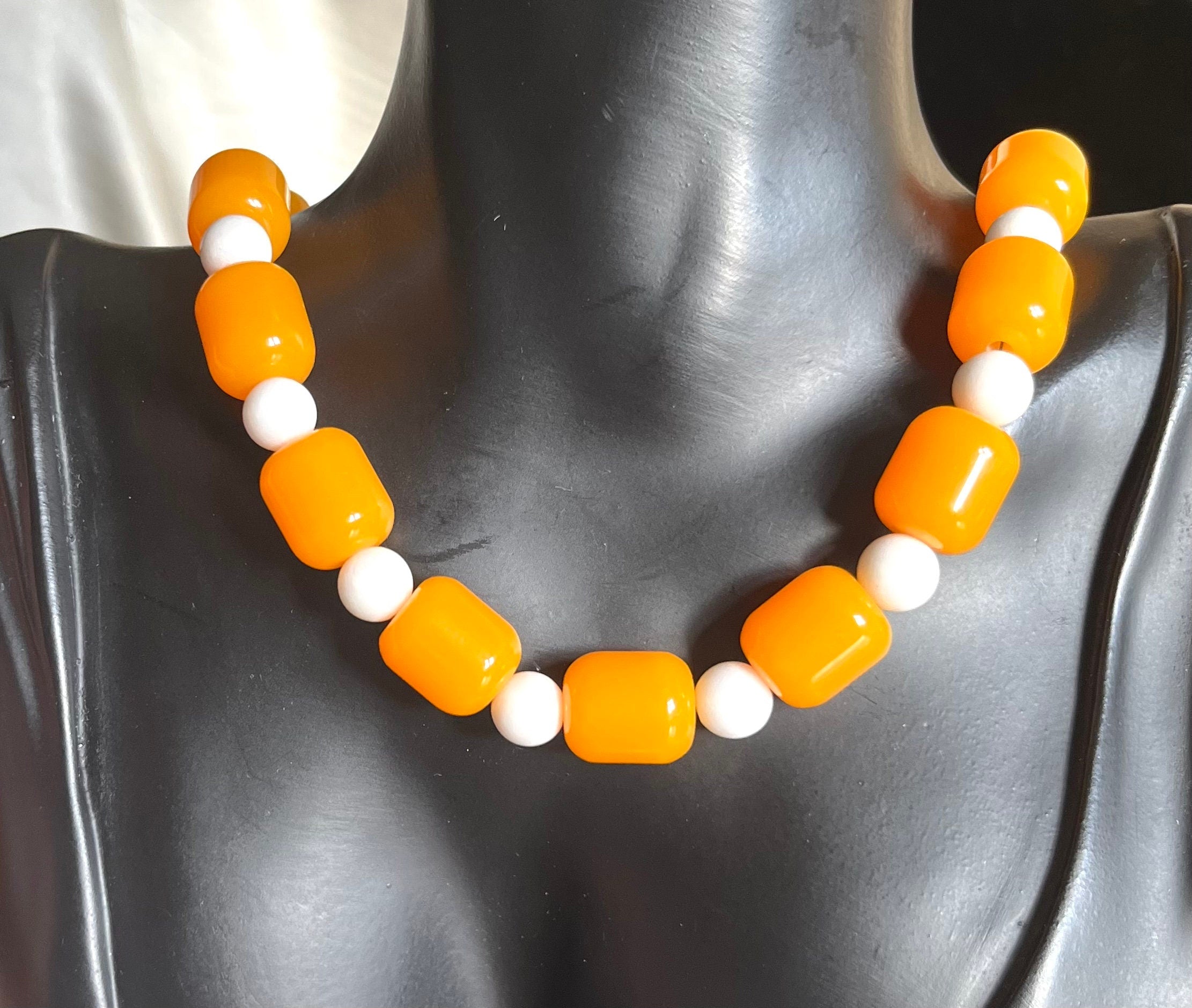 Recycled Lucite Vintage Juicy Yellow Beads and White Agate Choker Necklace. Handmade Necklace for Women. Gift for Her.