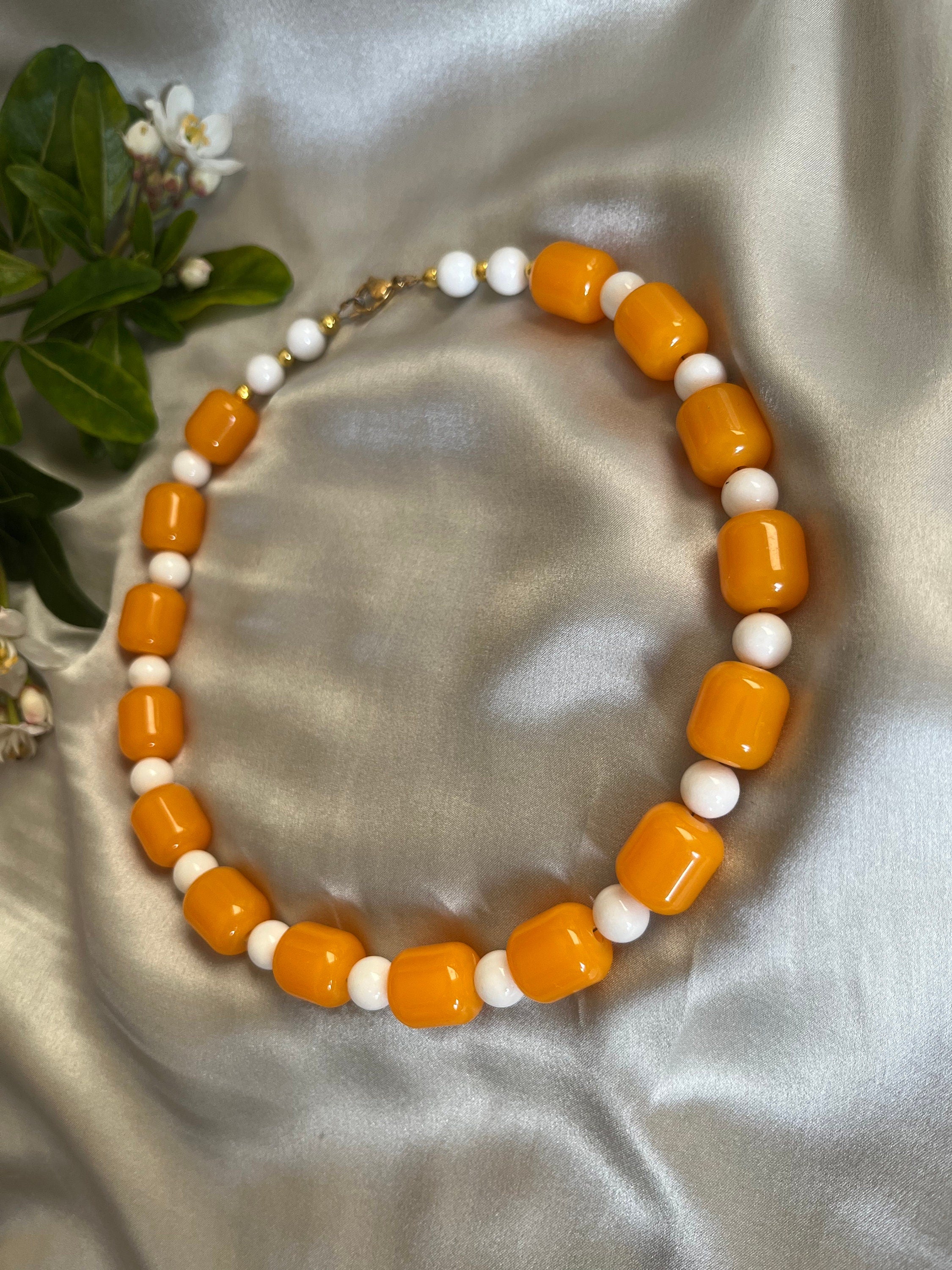 Recycled Lucite Vintage Juicy Yellow Beads and White Agate Choker Necklace. Handmade Necklace for Women. Gift for Her.