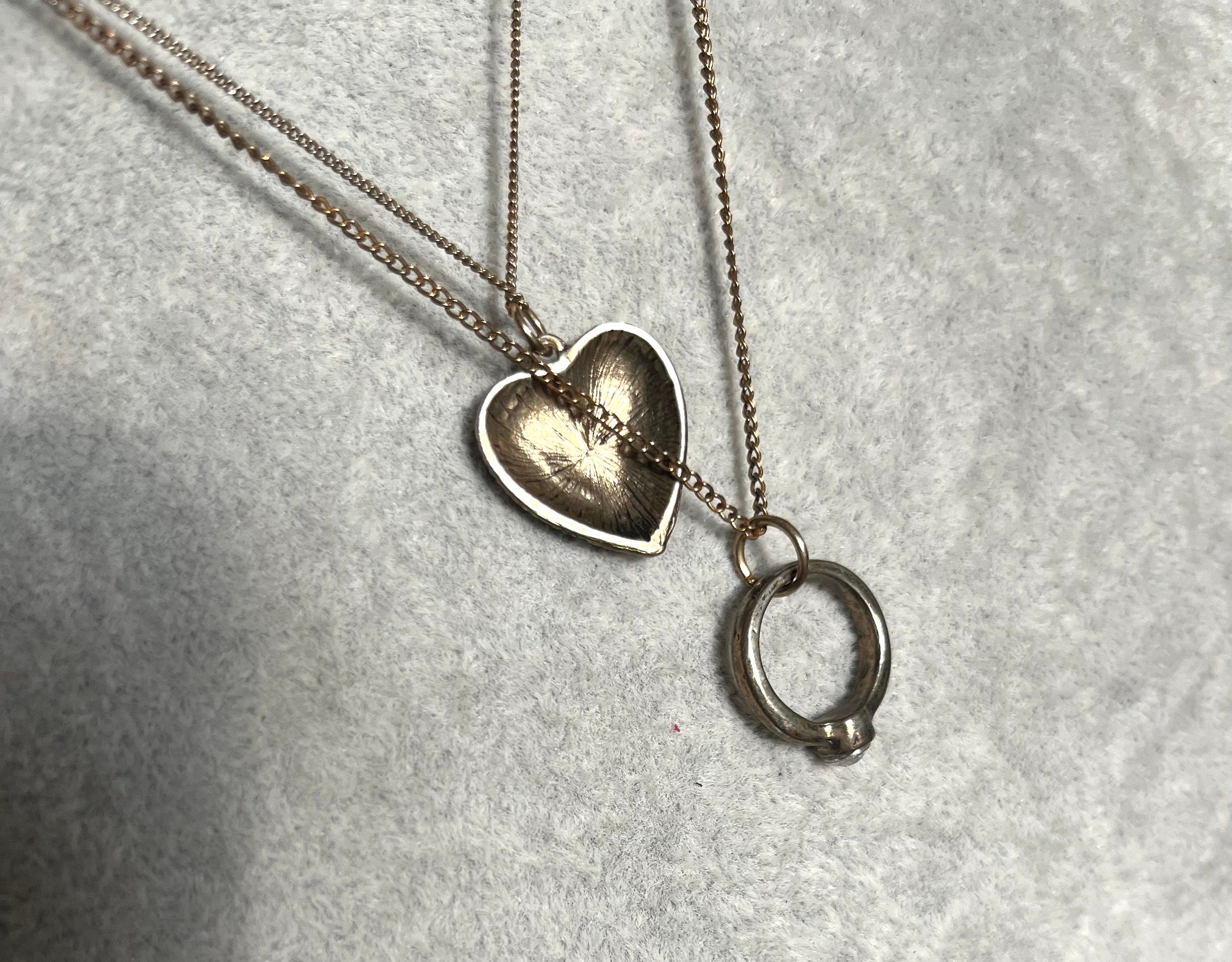 A heart and a ring pendants on a thin chain 2 strand brass vintage necklace. Gift for her. Gift for sweetheart. Valentine gift for a lady.