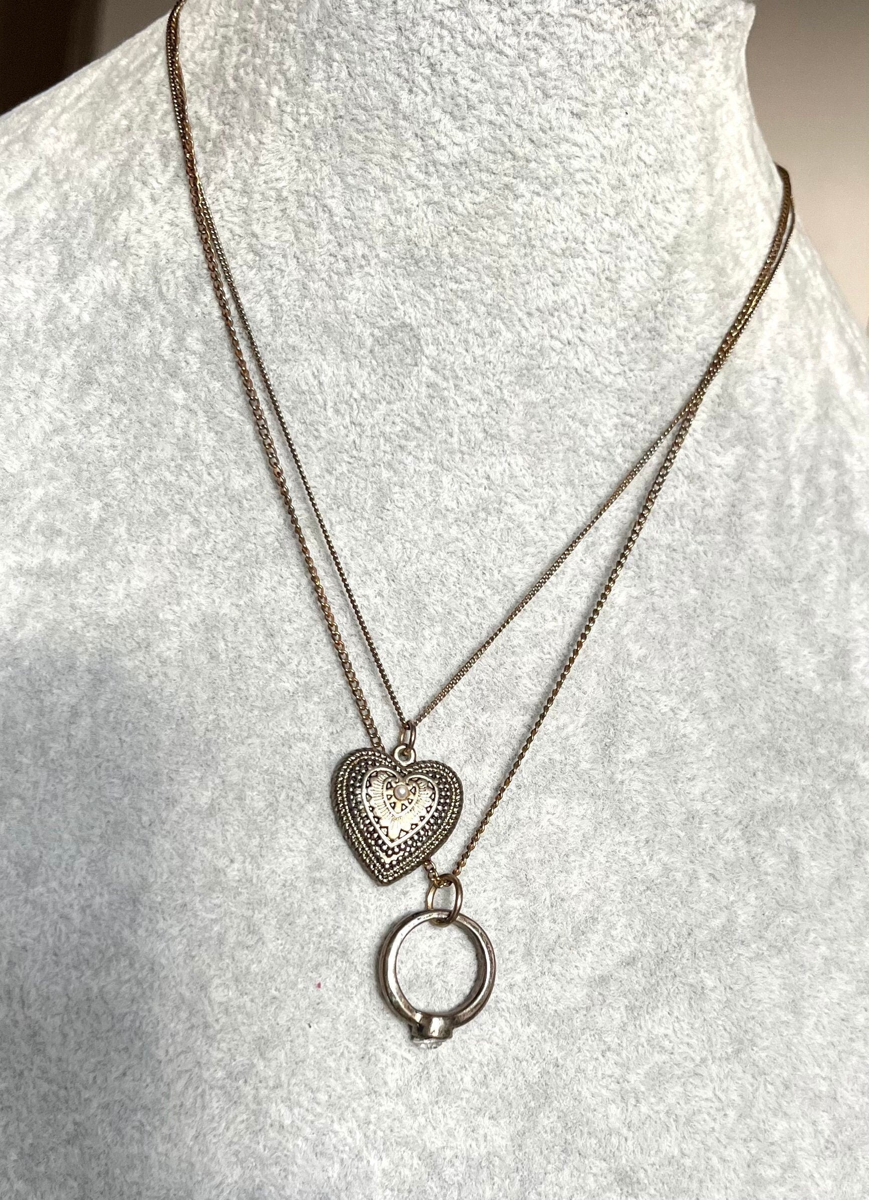 A heart and a ring pendants on a thin chain 2 strand brass vintage necklace. Gift for her. Gift for sweetheart. Valentine gift for a lady.