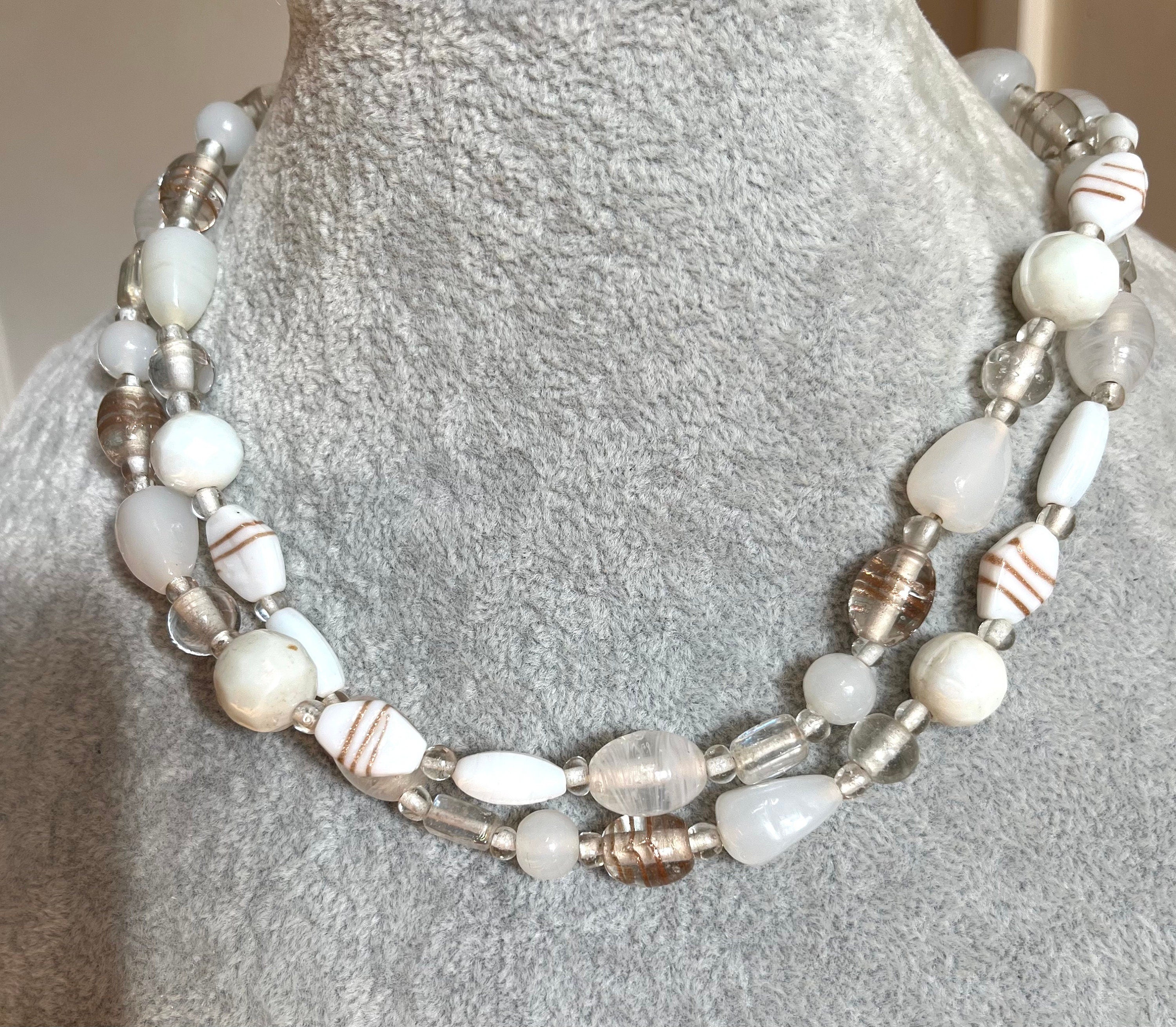 Long lamp work Czech white and clear glass various shape and size beads vintage necklace. Vintage 80s necklace for a woman. Gift for her.