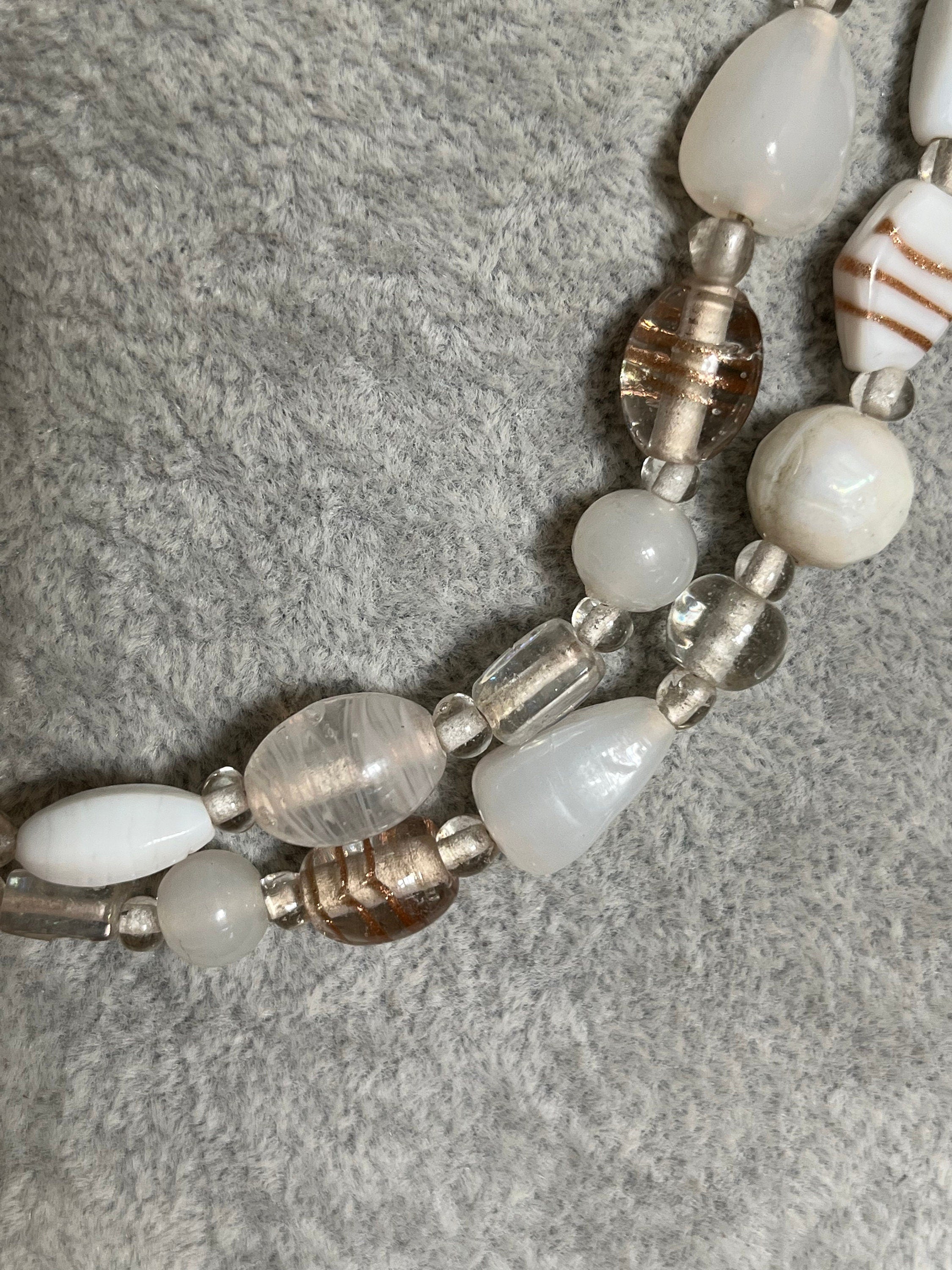 Long lamp work Czech white and clear glass various shape and size beads vintage necklace. Vintage 80s necklace for a woman. Gift for her.