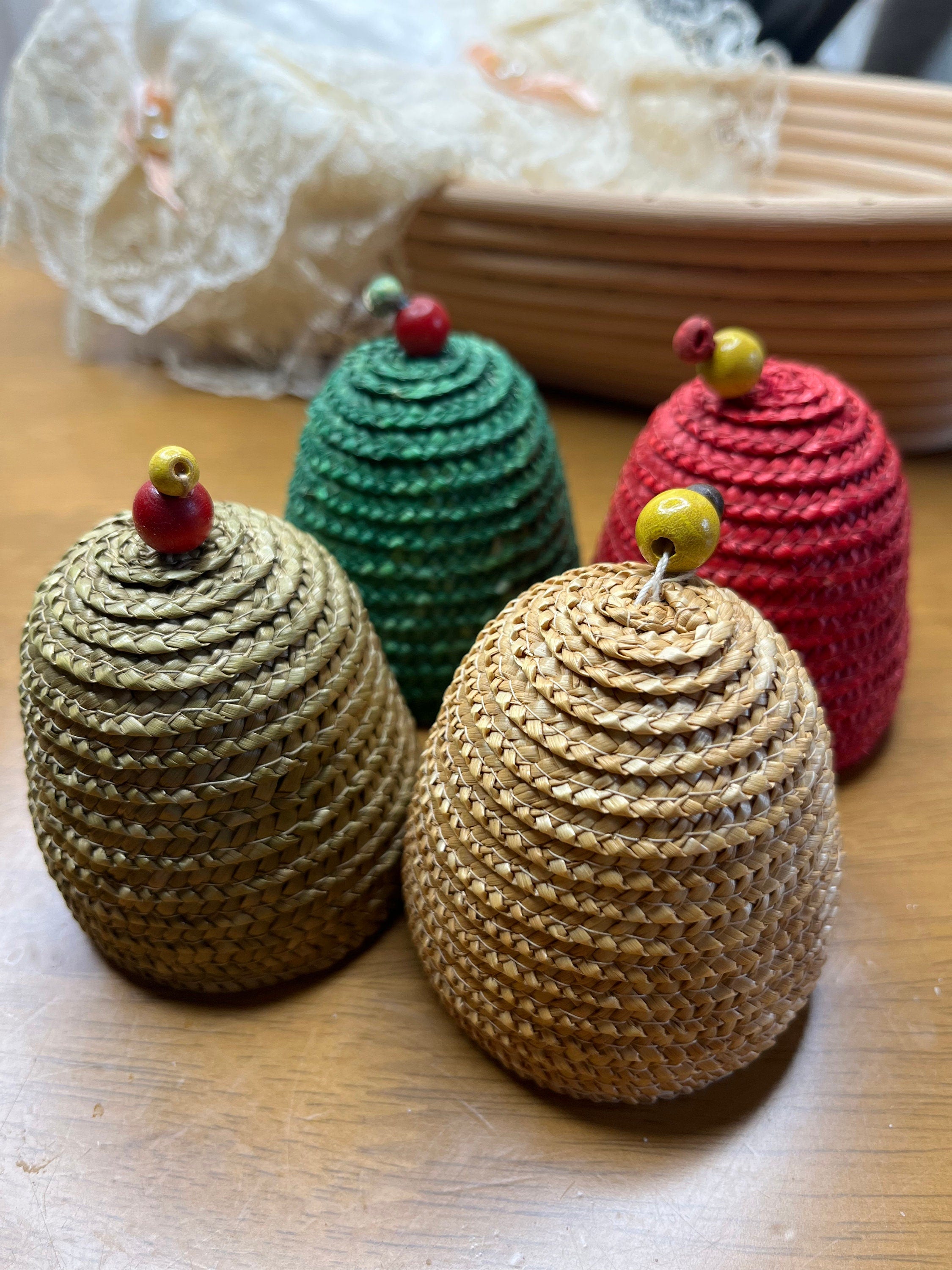 Vintage set of 4 various colours wicker egg warmers. Cute home decoration. Collectible souvenir. Gift unisex.