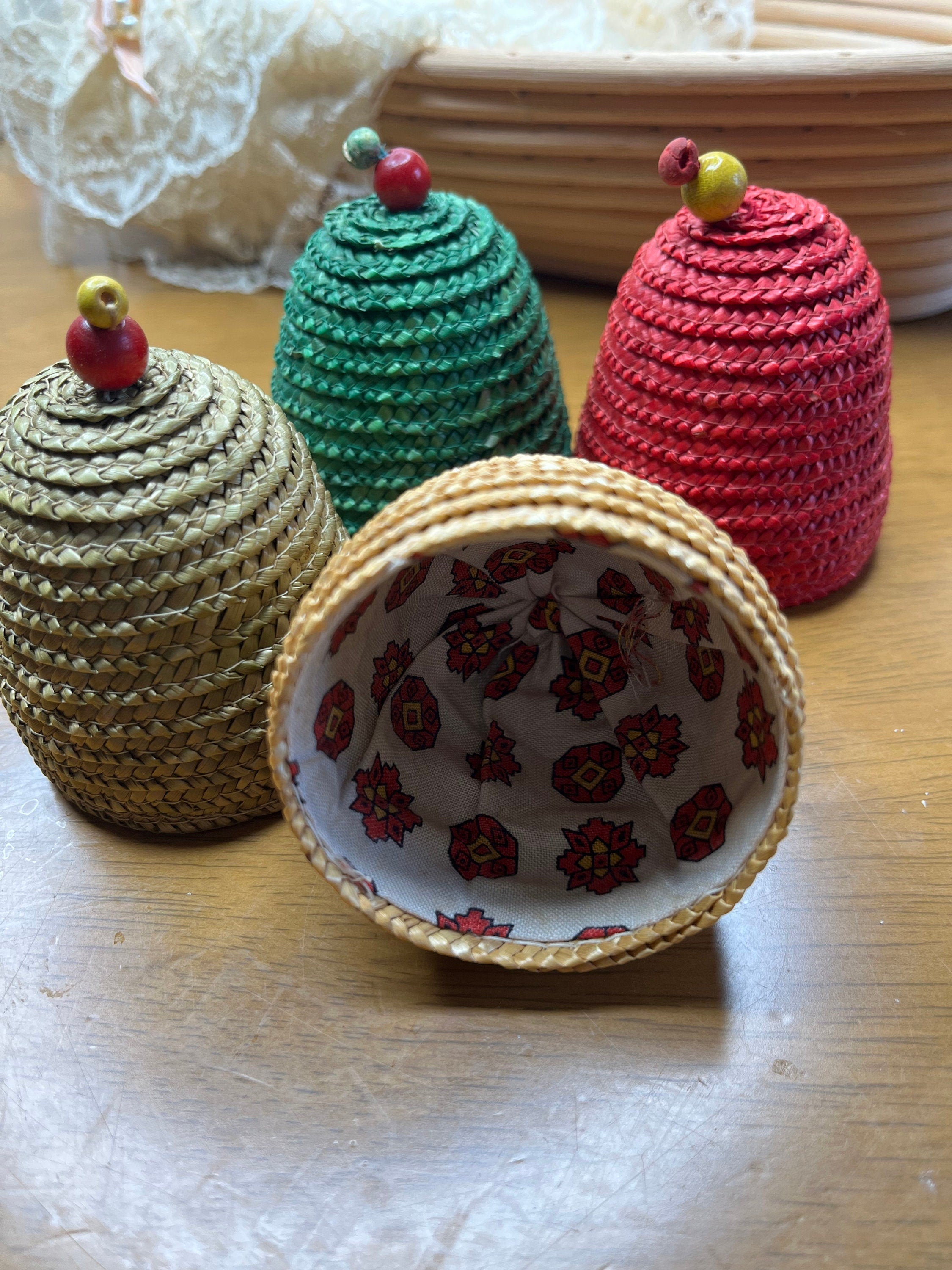 Vintage set of 4 various colours wicker egg warmers. Cute home decoration. Collectible souvenir. Gift unisex.