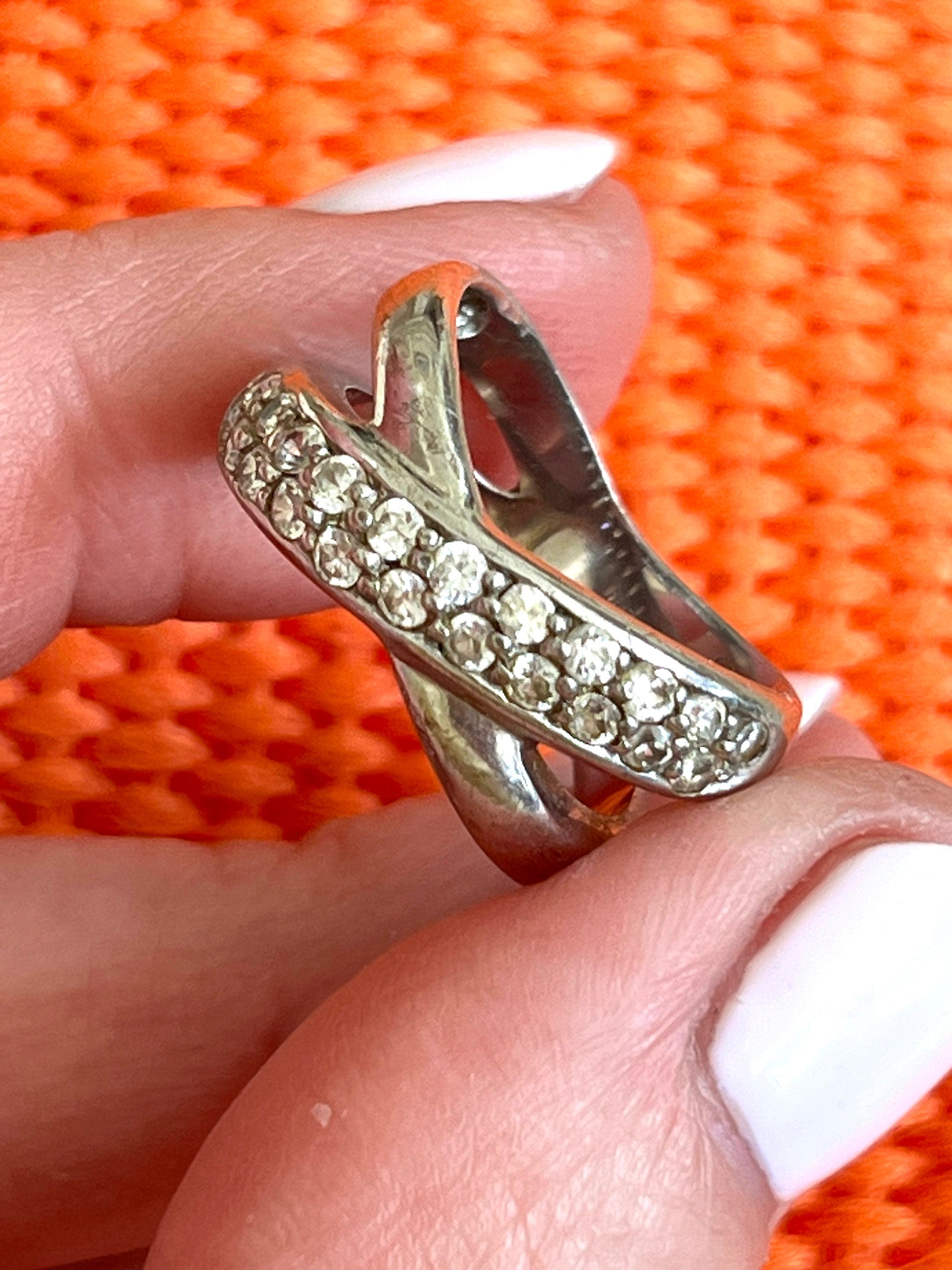 Silver 925 and Rhinestones double band Ring for a Woman or Unisex. Vintage 80s Silver Ring. Vintage Jewellery. Gift for her. Gift unisex