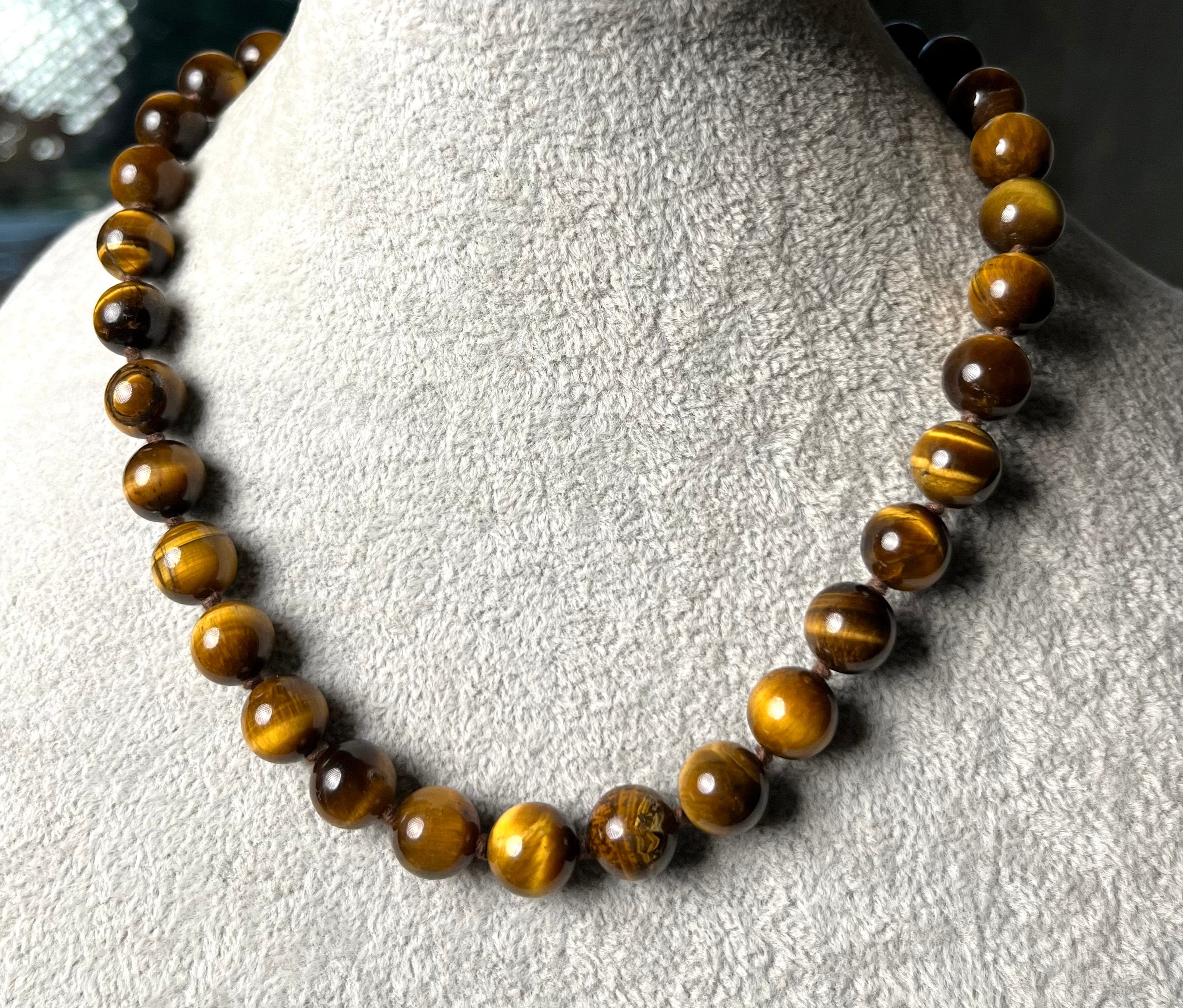 Natural Tiger’s Eye Gemstone Beads Classic Vintage Knotted Necklace. 10 mm beads Unisex Necklace. Gift for her. Gift Unisex. Amulet for Luck