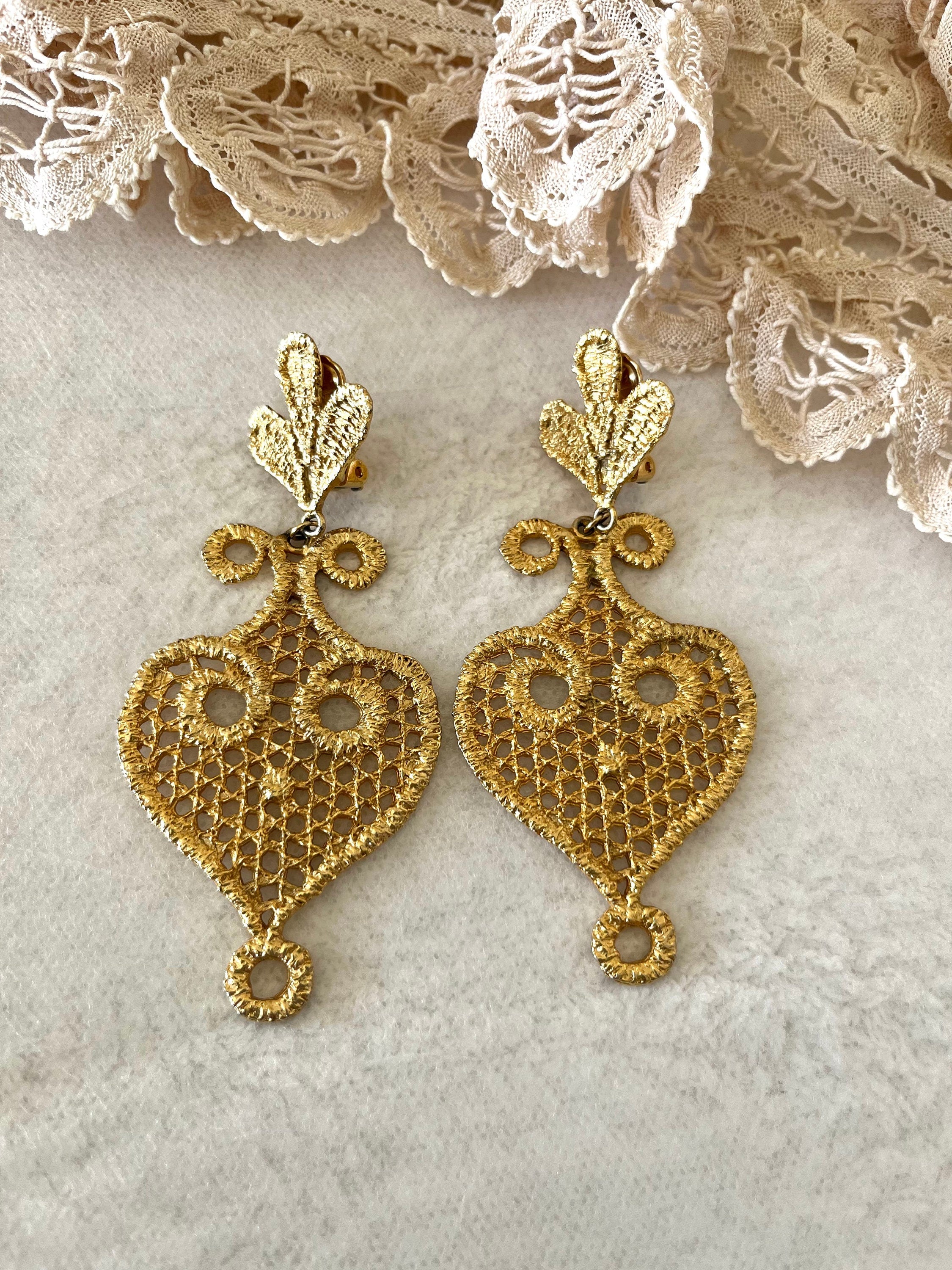 Striking Vintage Boho or Ethnic style Clip on Large Gold tone Metal Filigree Heart shaped Earrings for a Woman. Gift for Her.