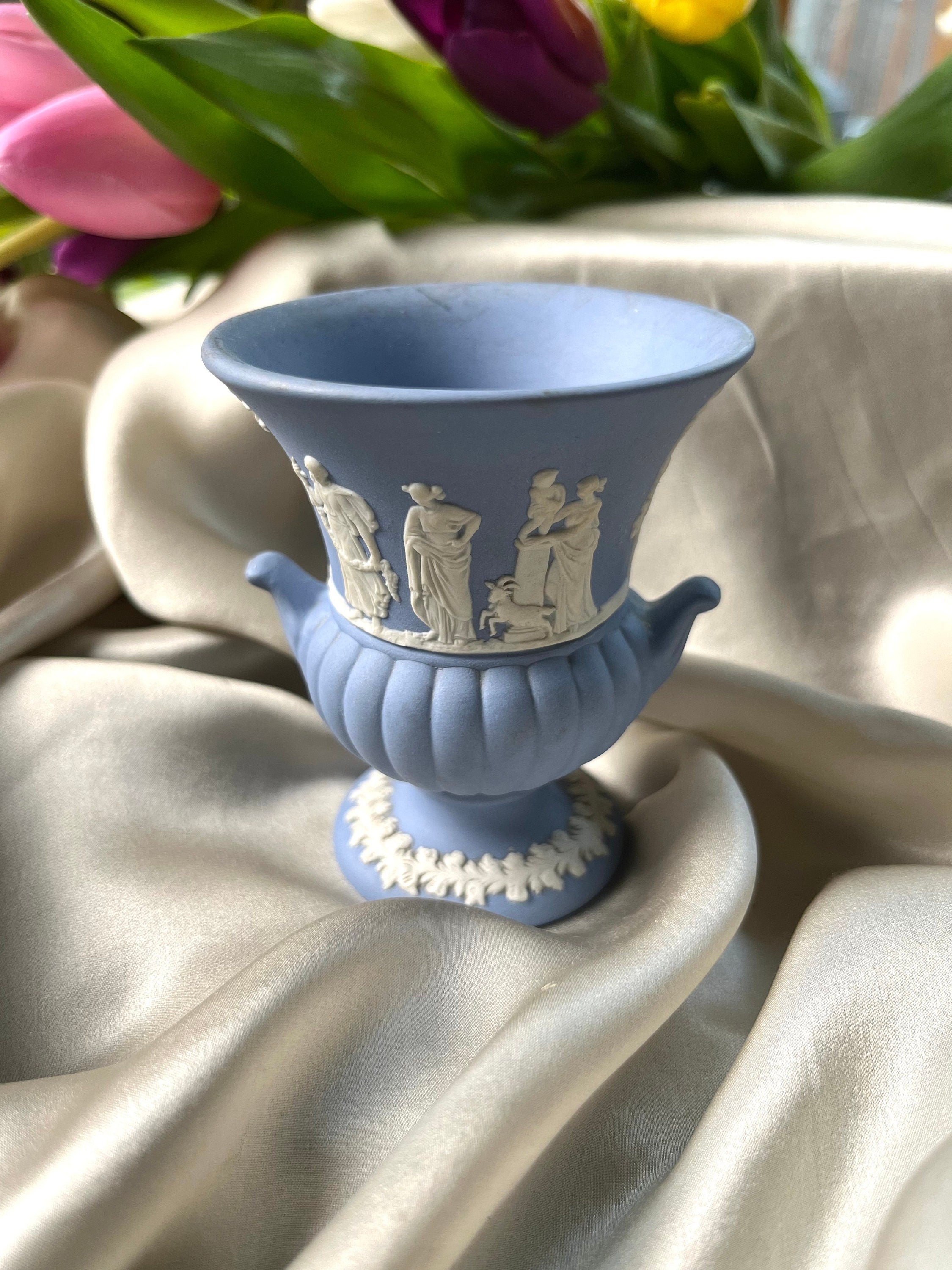 Wedgwood Blue and White Ceramic Greek style Amphora shaped small Vase. English Vintage Souvenir. Home Decoration. Collectible Gift Unisex.