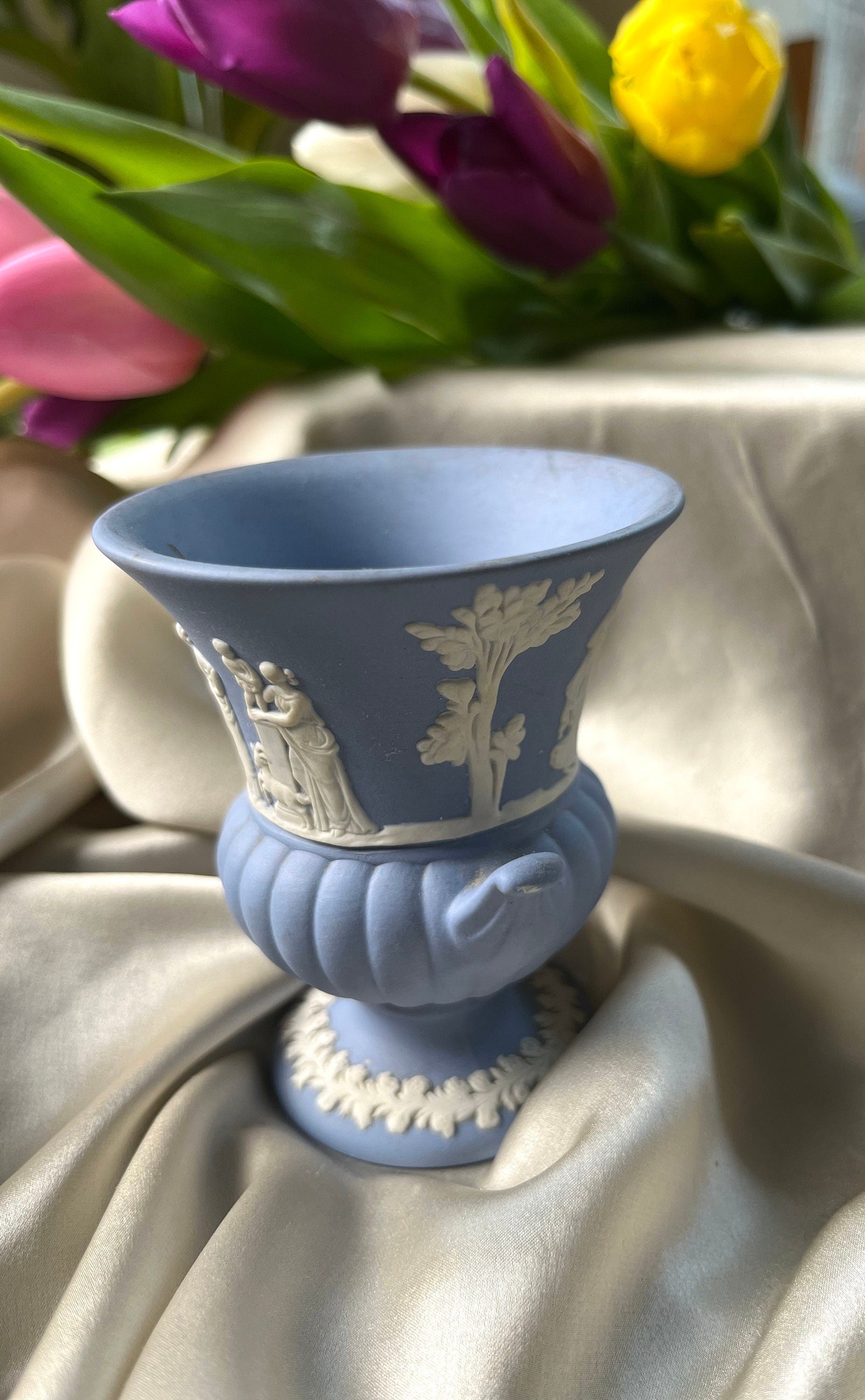 Wedgwood Blue and White Ceramic Greek style Amphora shaped small Vase. English Vintage Souvenir. Home Decoration. Collectible Gift Unisex.